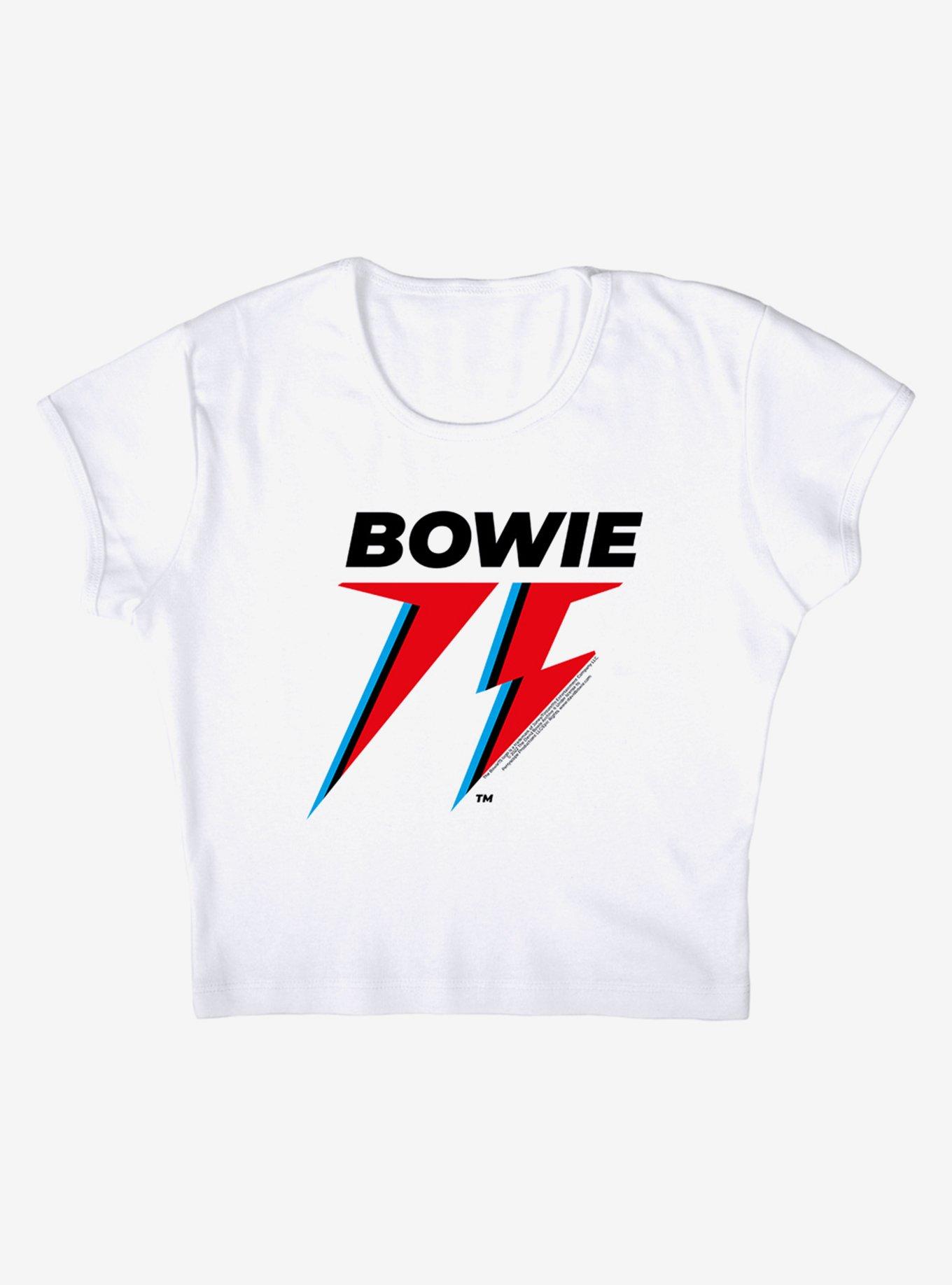 David Bowie 75 Logo Cap Sleeve Baby Rib Women's Crop Top, BRIGHT WHITE, alternate