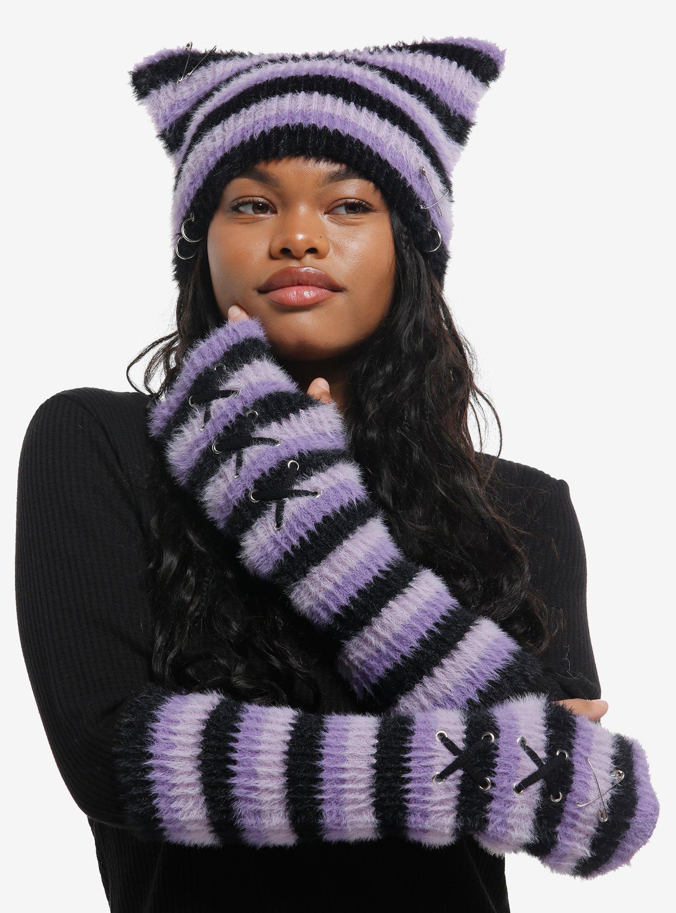 Purple & Black Stripe Fuzzy Arm Warmers, , hi-res