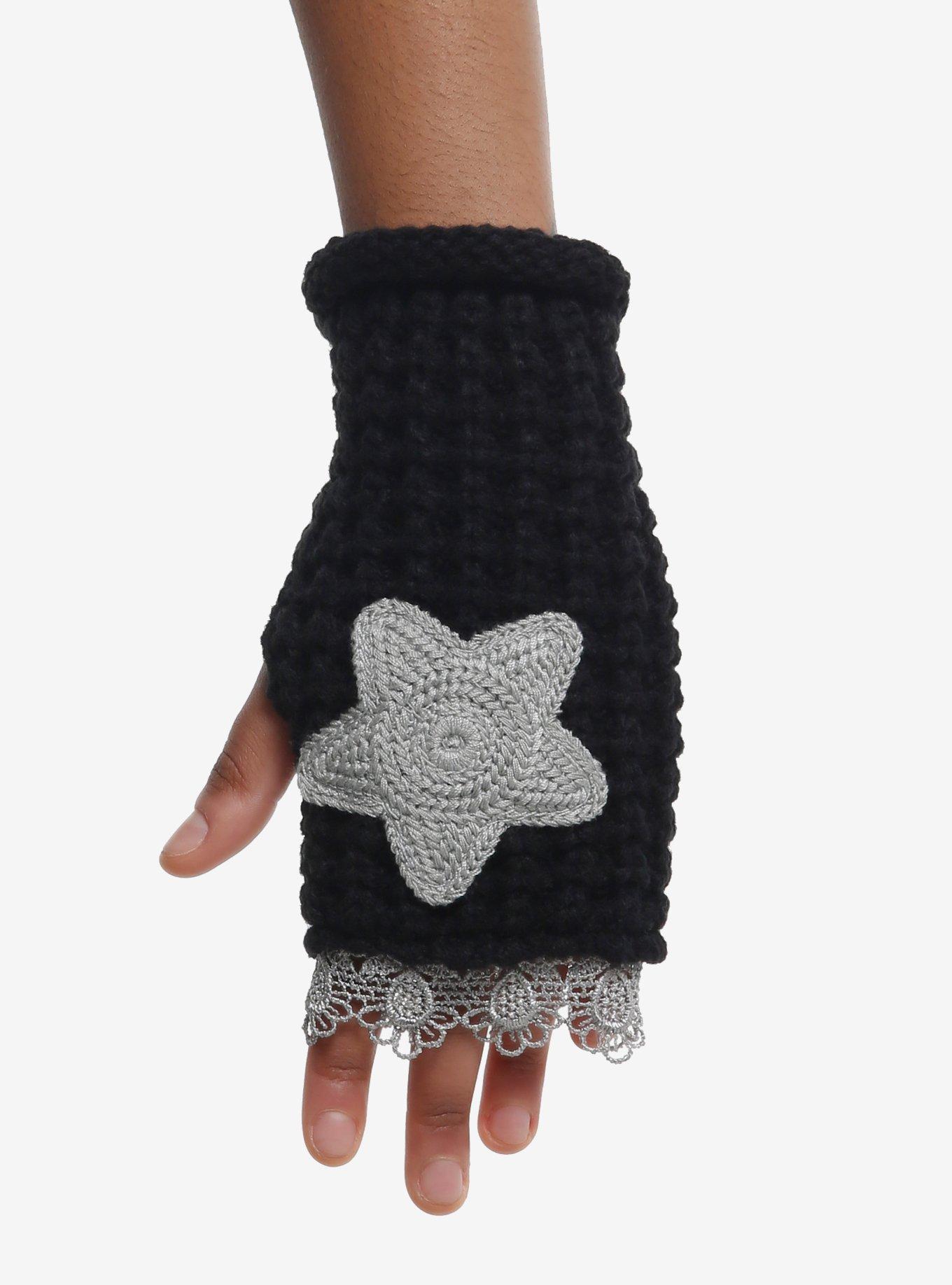 Black & Grey Crochet Star Fingerless Gloves, , hi-res