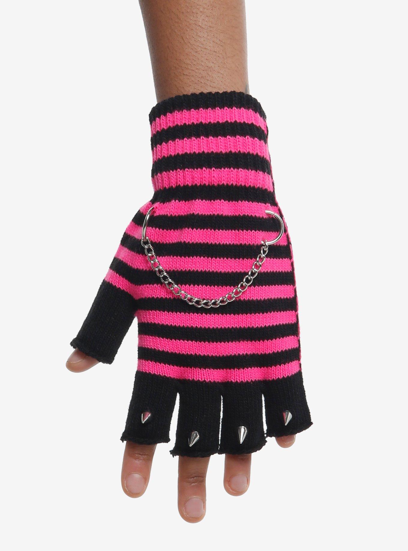 Pink & Black Stripe Chain Spike Fingerless Gloves, , hi-res