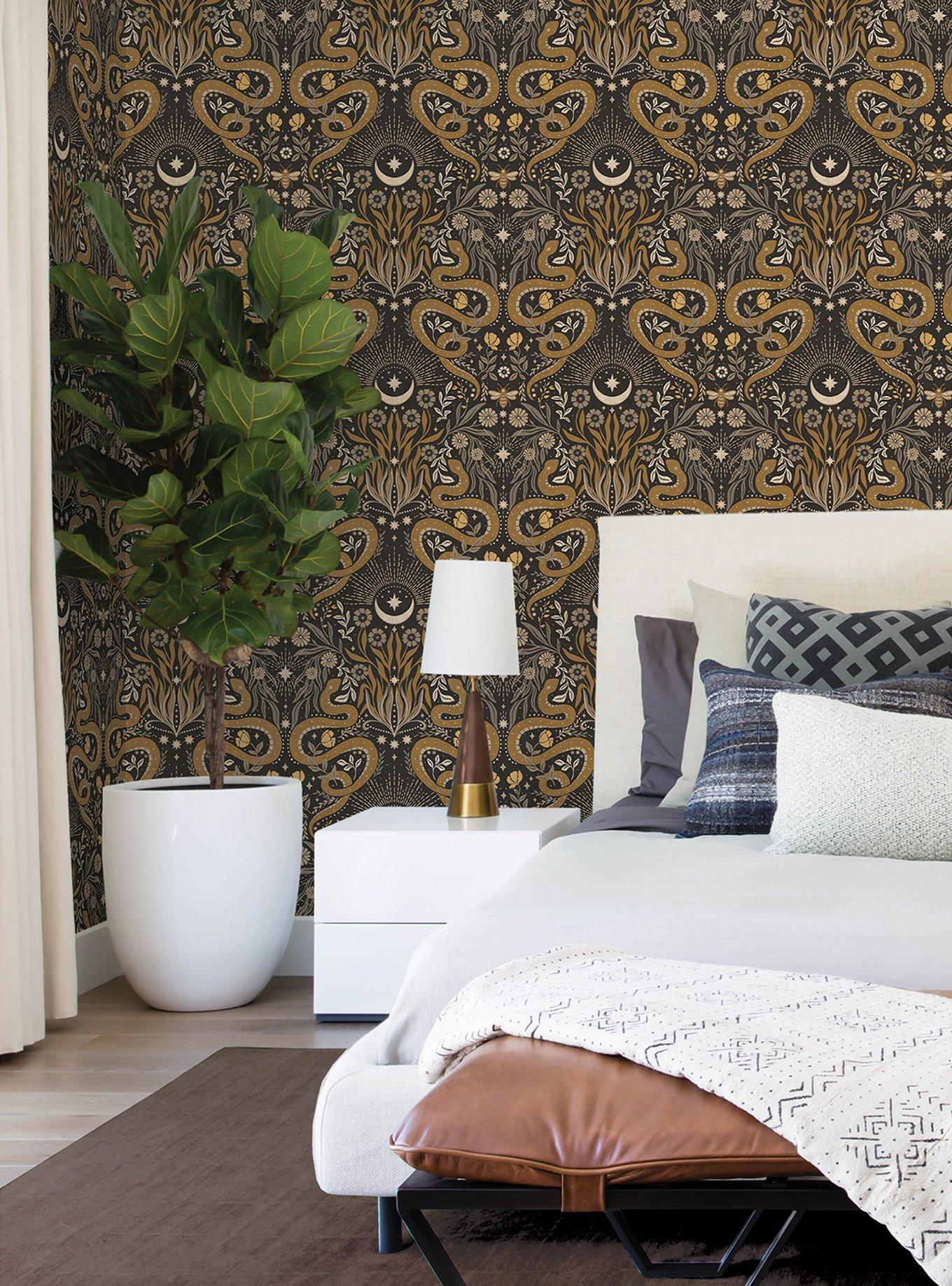 Mystic Serpent Black Gold Peel & Stick Wallpaper, , hi-res