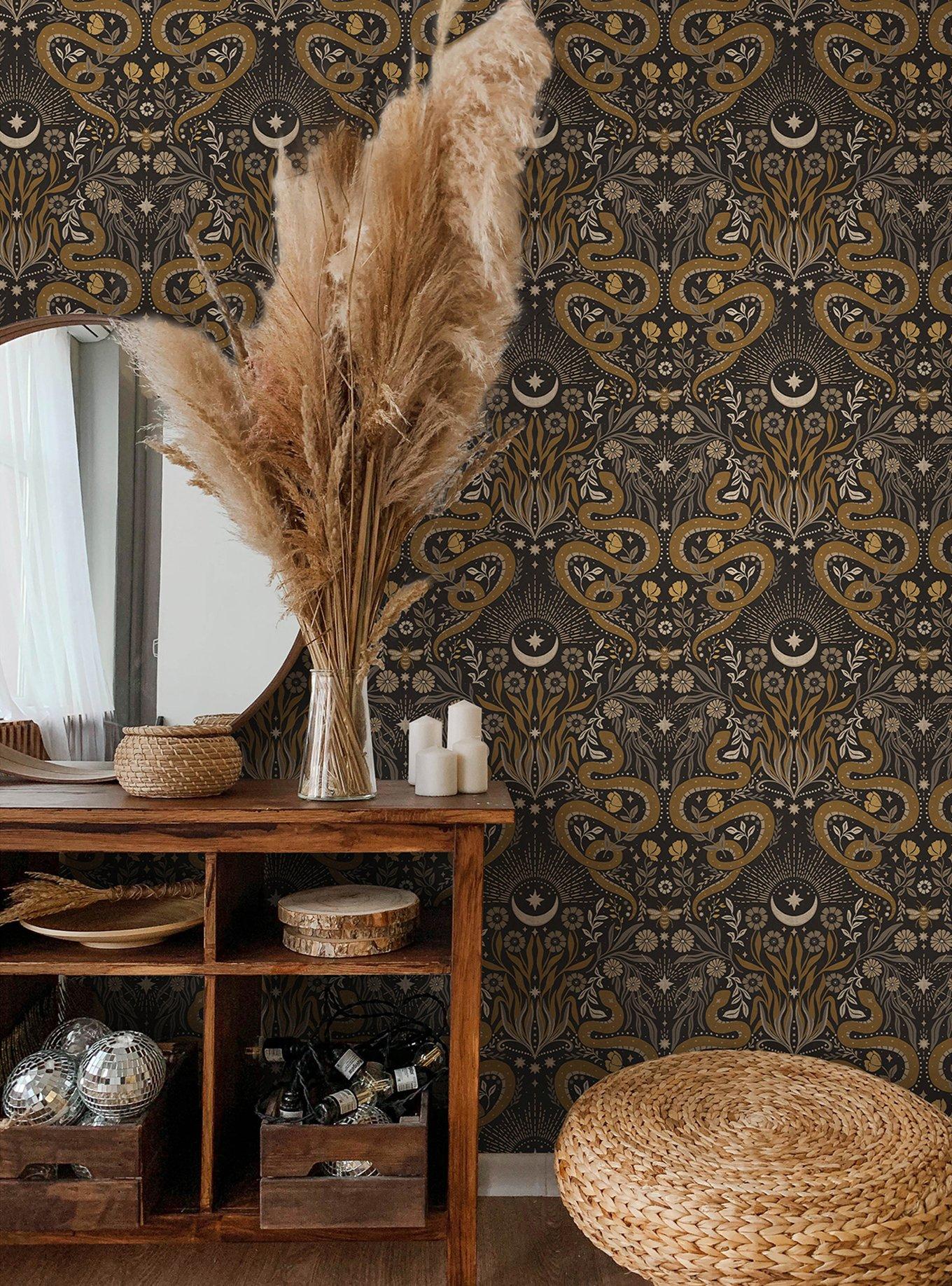 Mystic Serpent Black Gold Peel & Stick Wallpaper, , alternate