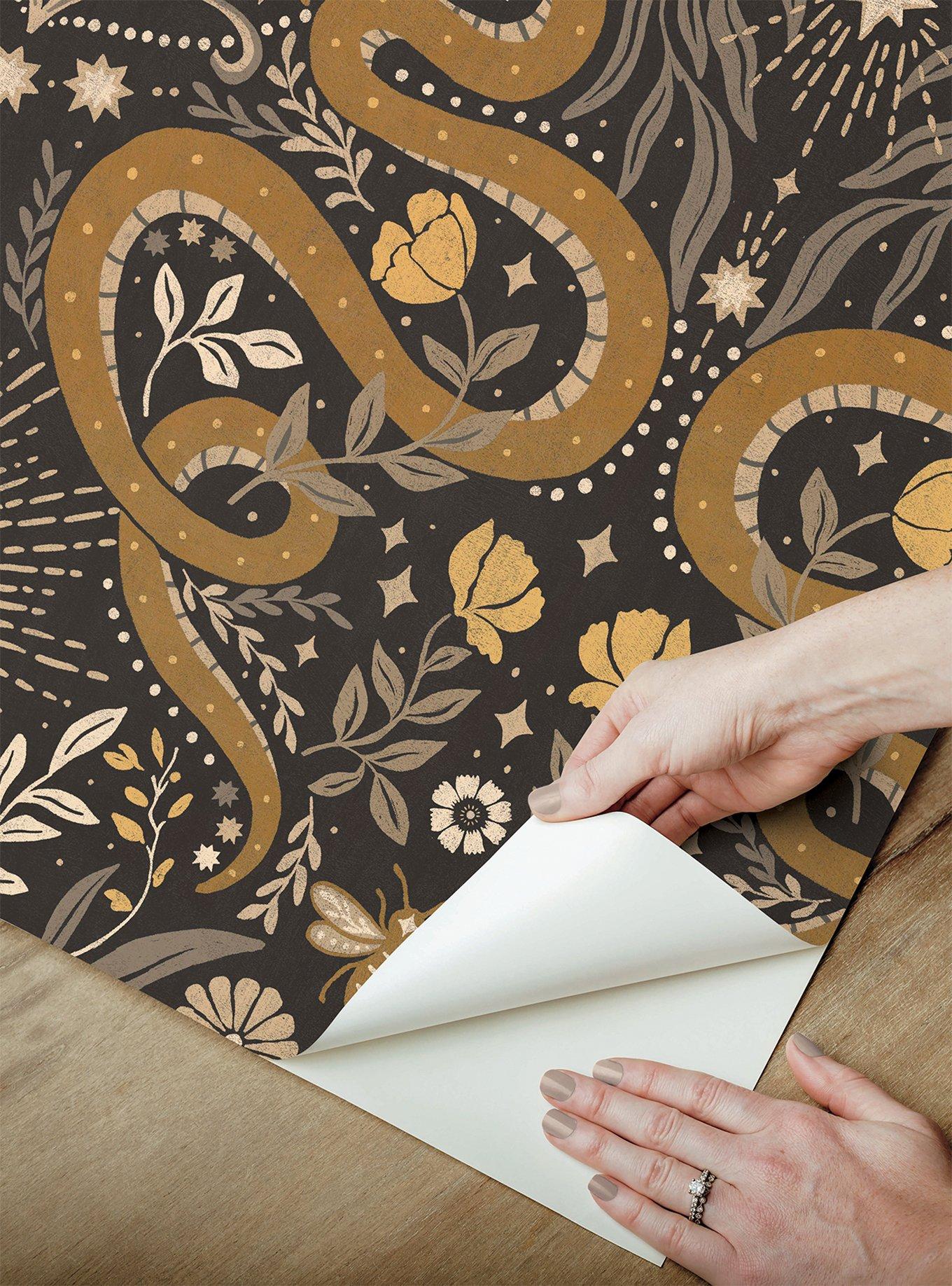 Mystic Serpent Black Gold Peel & Stick Wallpaper, , alternate