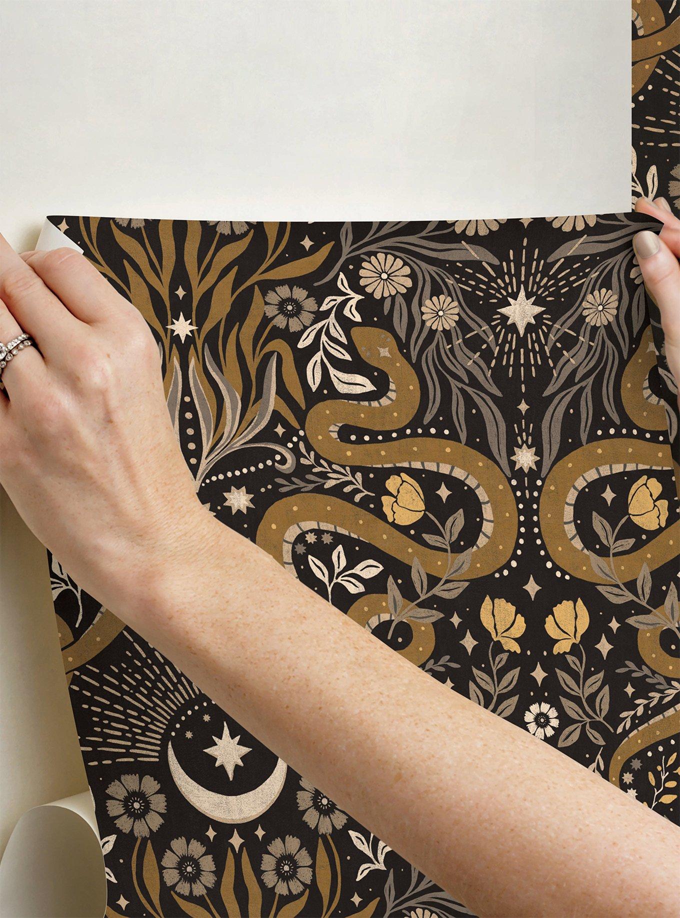 Mystic Serpent Black Gold Peel & Stick Wallpaper, , alternate