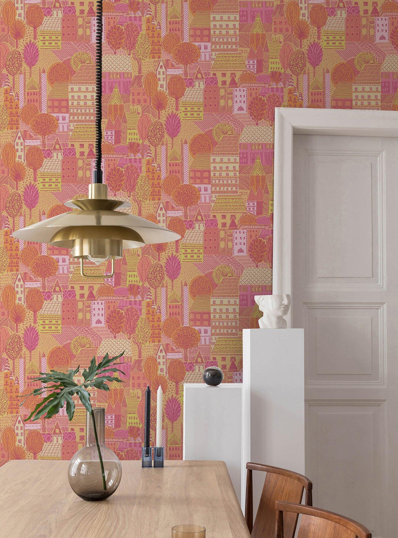 Charming Village Pink and Orange Peel & Stick Wallpaper, , hi-res