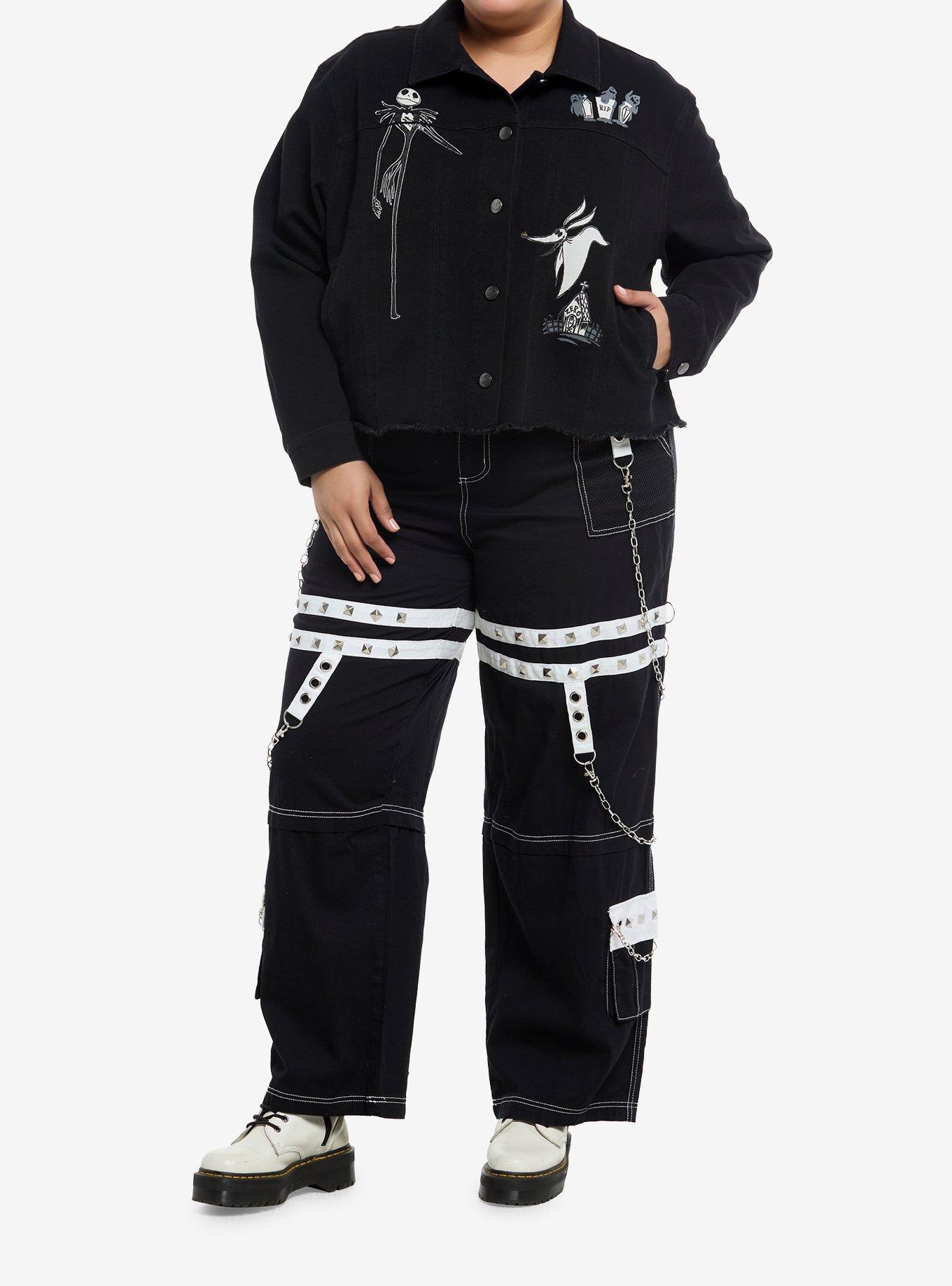 Her Universe The Nightmare Before Christmas Jack Skellington Crop Denim Jacket Plus Size, BLACK  WHITE, alternate