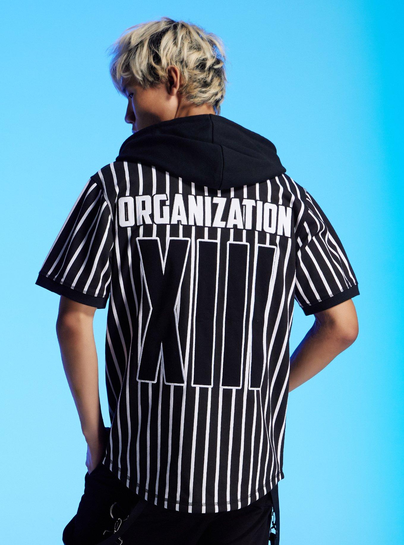 Our Universe Disney Kingdom Hearts Organization XIII Pinstripe Hooded Baseball Jersey, BLACK  WHITE, alternate