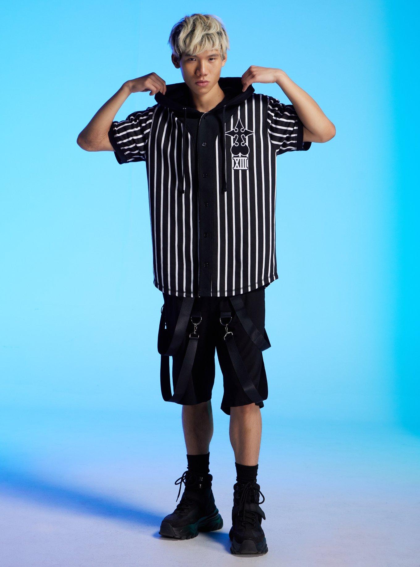 Our Universe Disney Kingdom Hearts Organization XIII Pinstripe Hooded Baseball Jersey, BLACK  WHITE, alternate