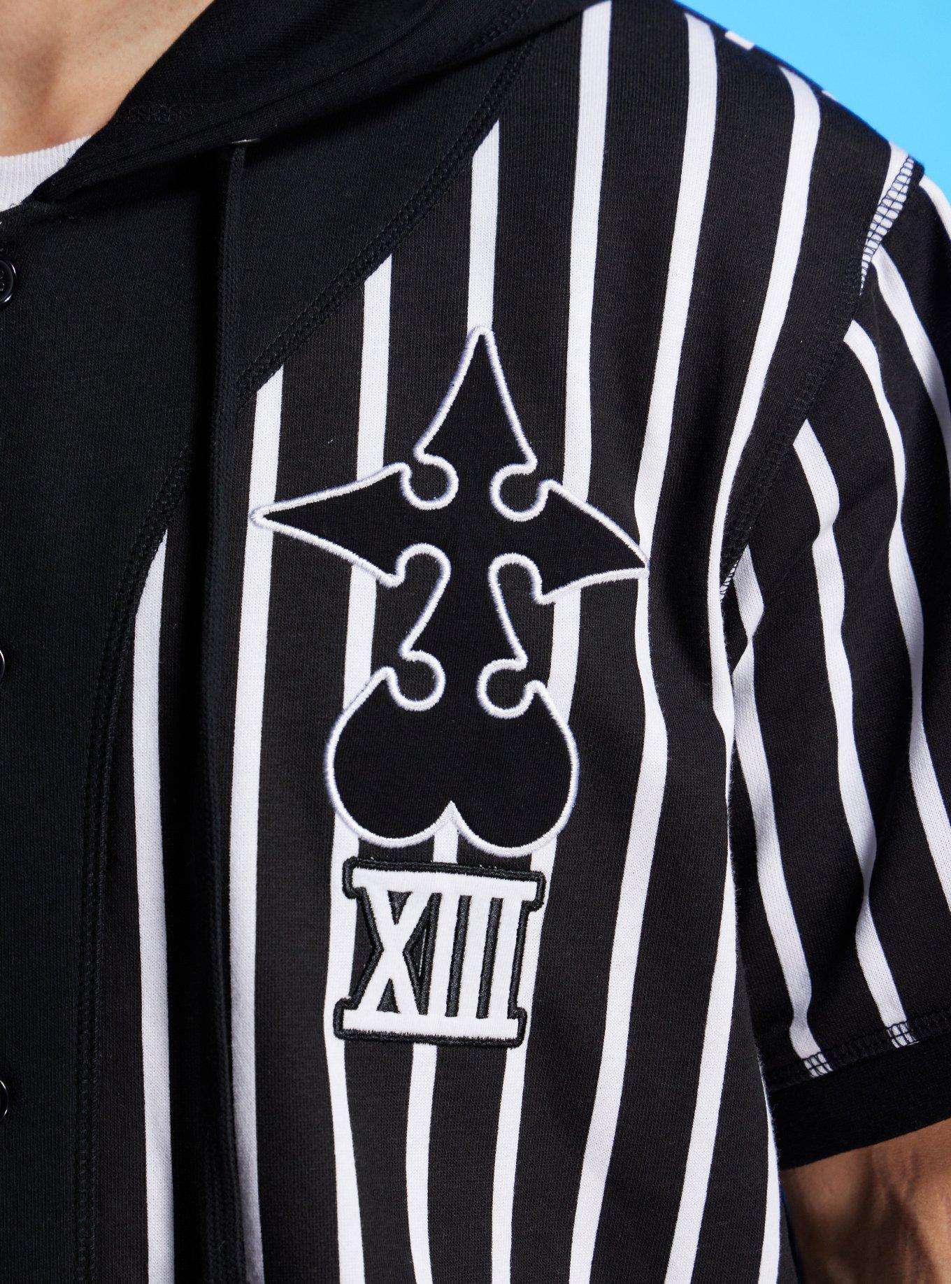 Our Universe Disney Kingdom Hearts Organization XIII Pinstripe Hooded Baseball Jersey, BLACK  WHITE, alternate
