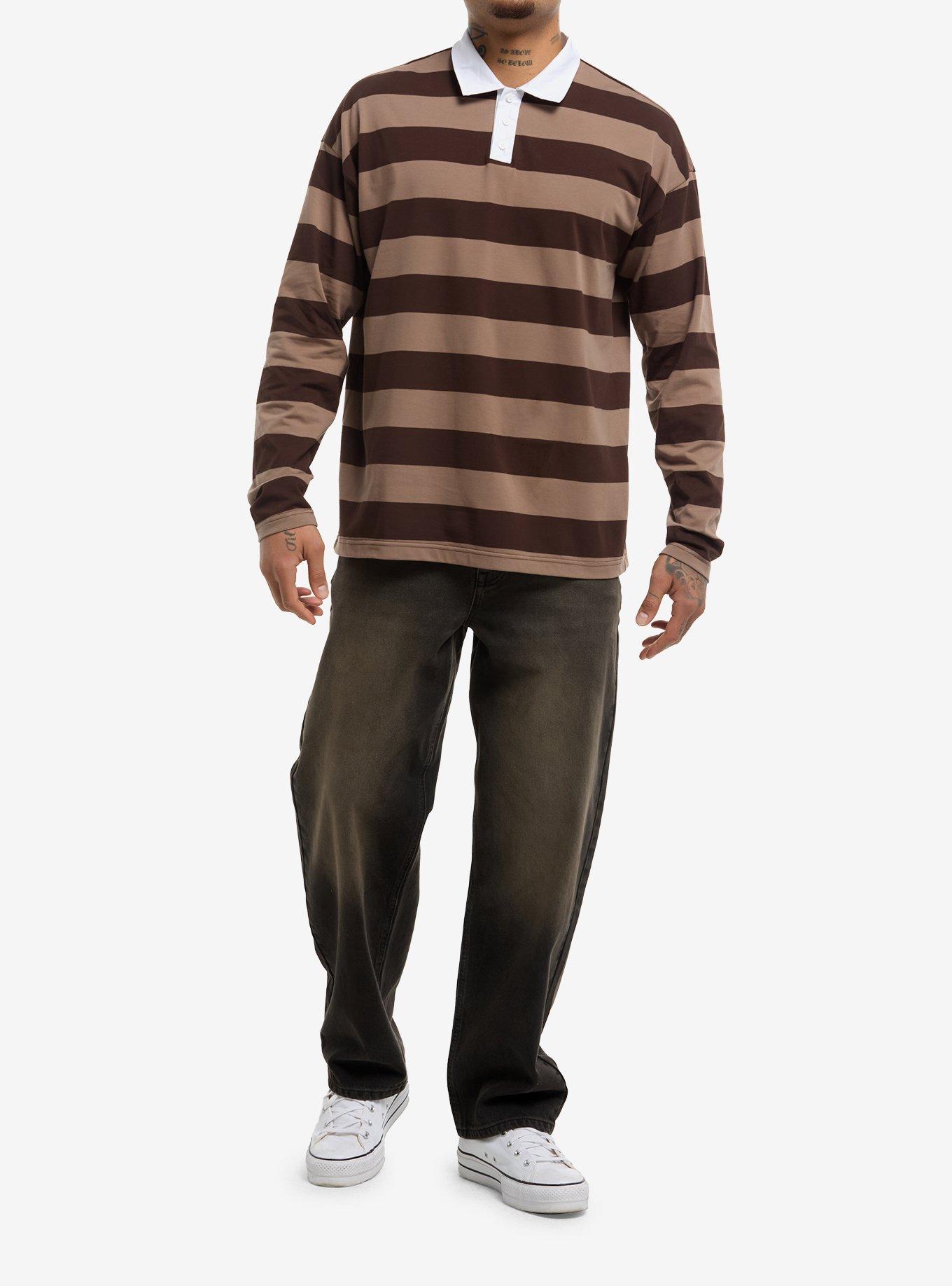Brown Stripe Long-Sleeve Polo Shirt, , hi-res