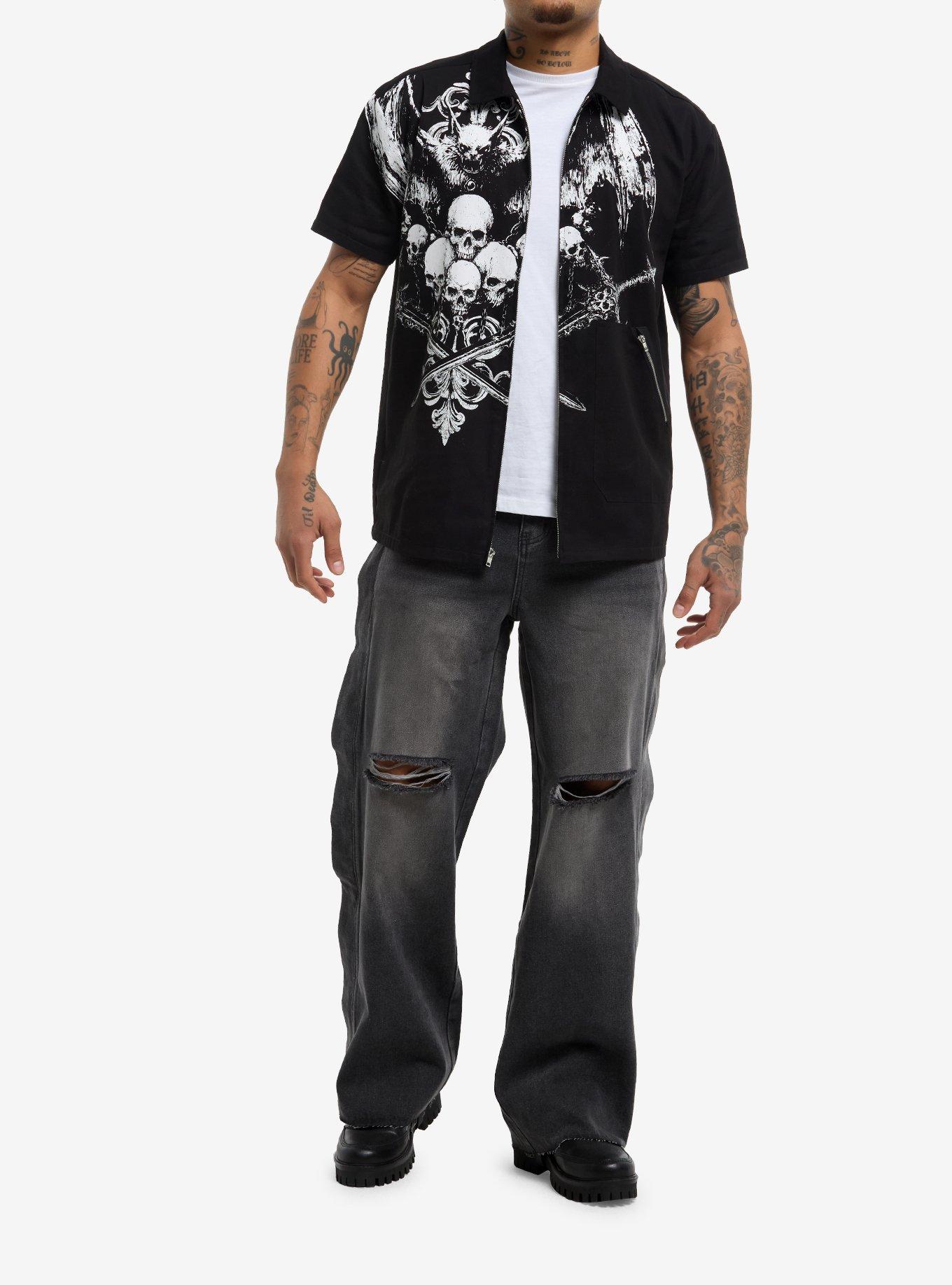 Vampire Bat & Skulls Zip Woven Top, BLACK, alternate