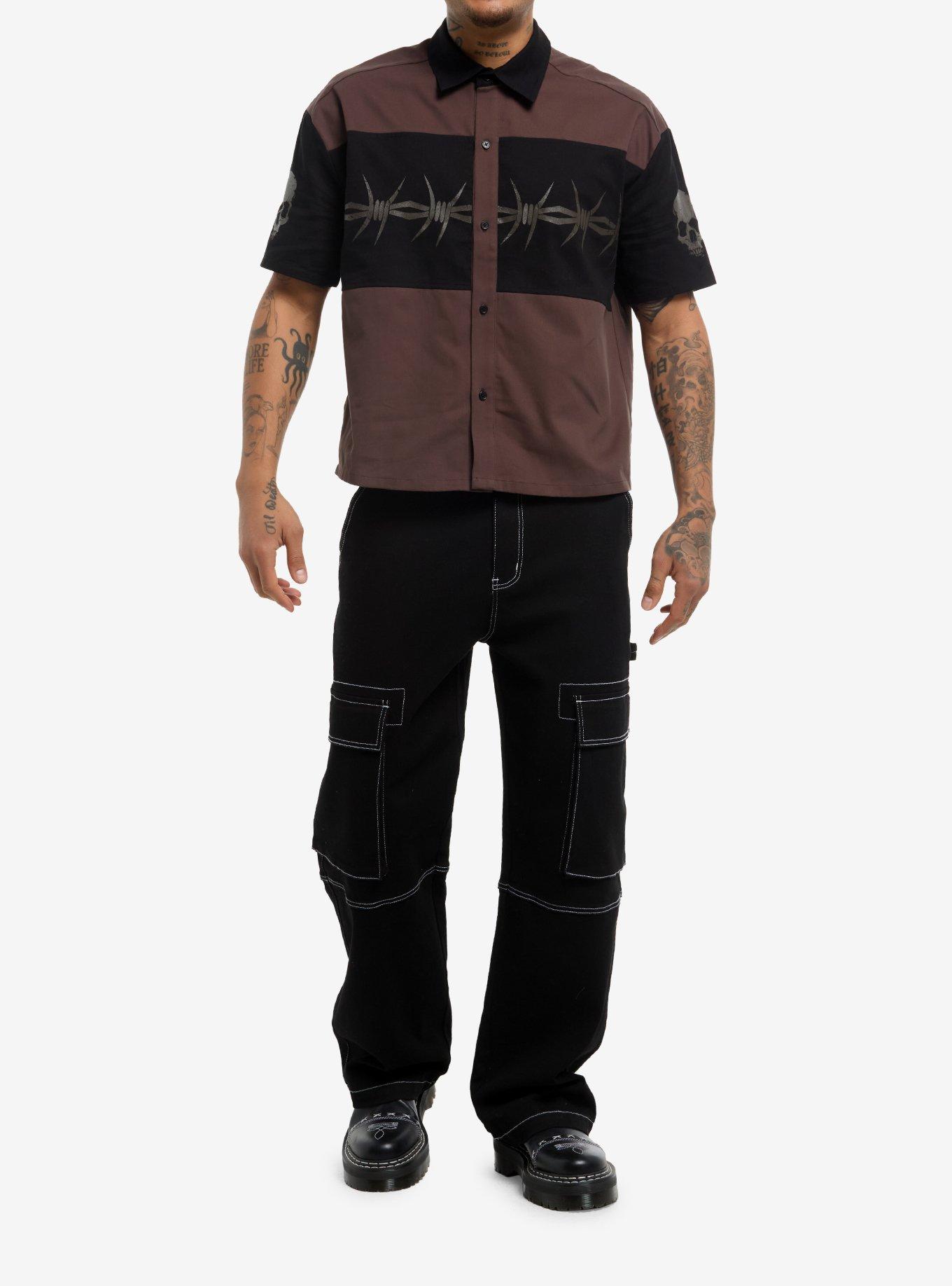 Barb Wire Black & Brown Crop Woven Button-Up, BLACK, alternate