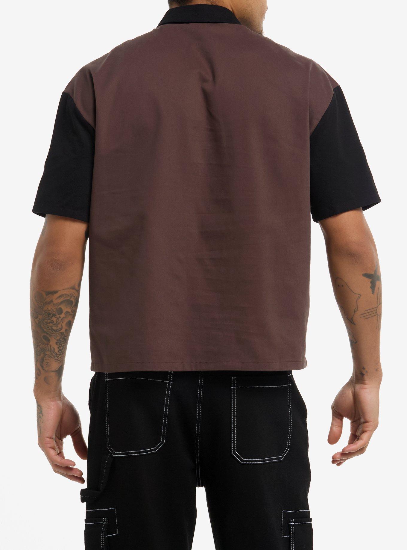 Barb Wire Black & Brown Crop Woven Button-Up, BLACK, alternate