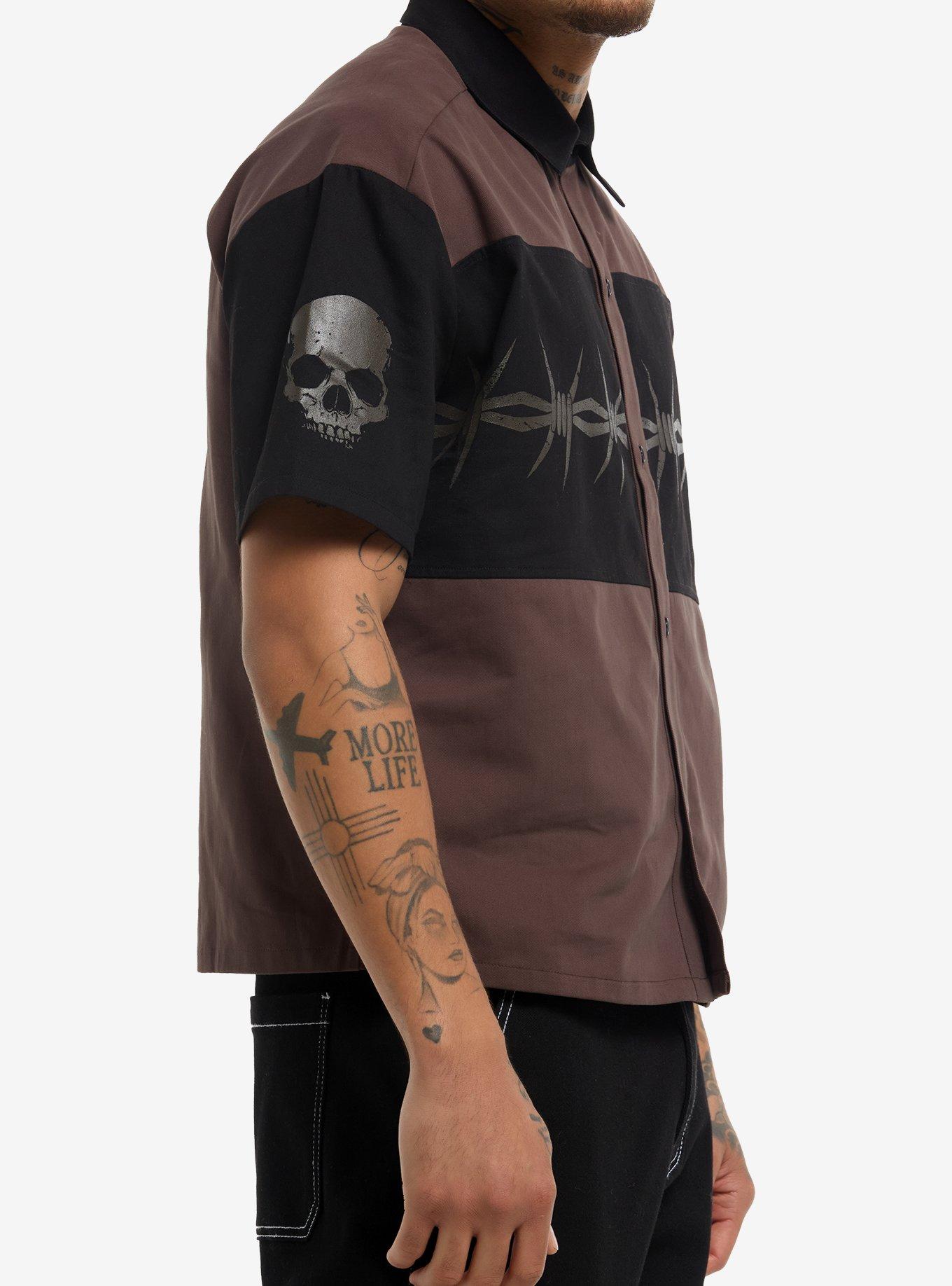 Barb Wire Black & Brown Crop Woven Button-Up, BLACK, alternate