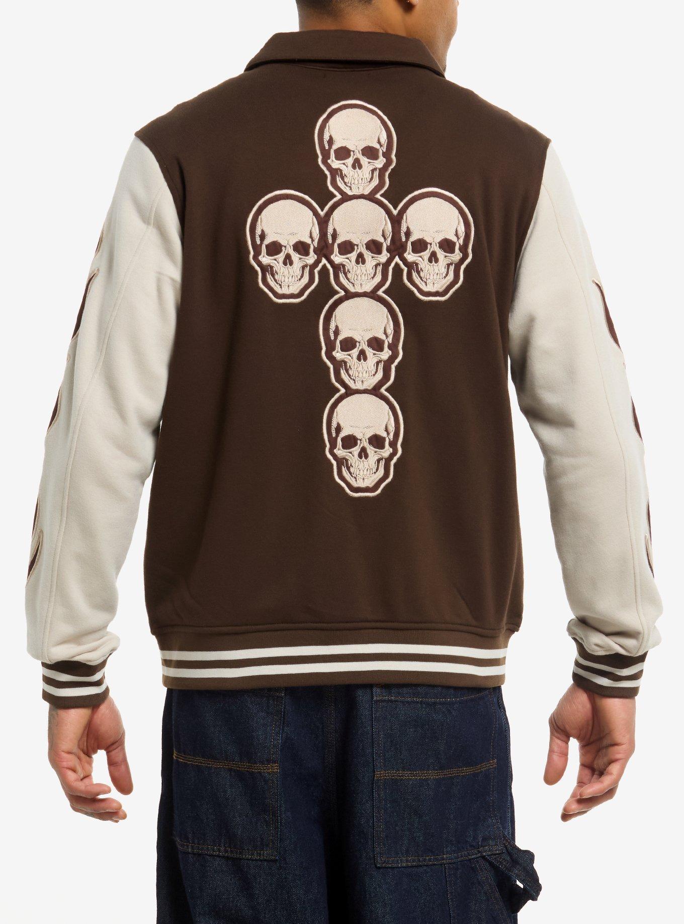 Brown & Cream Skull & Wings Patches Varsity Jacket, , hi-res