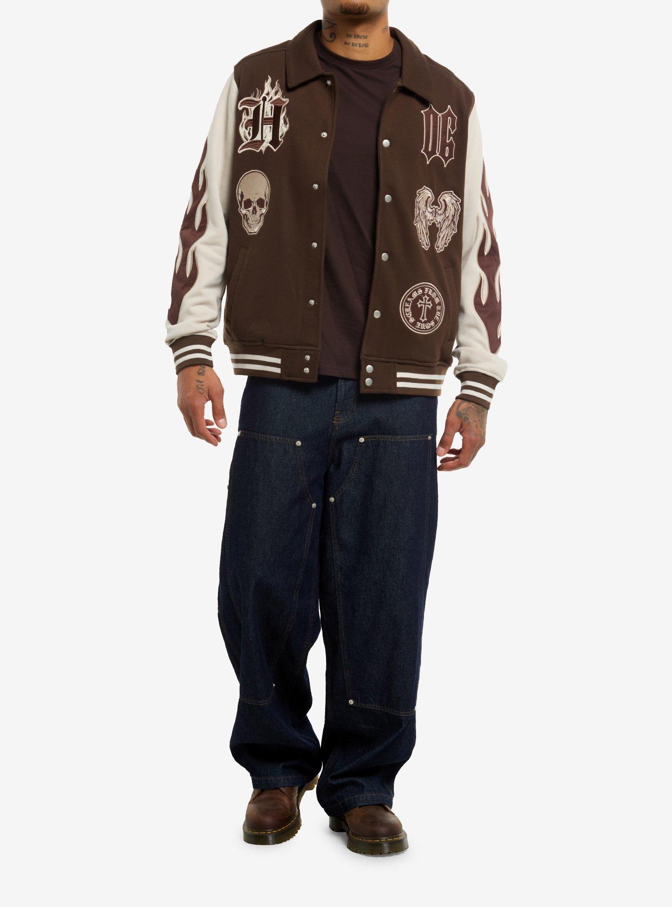 Brown & Cream Skull & Wings Patches Varsity Jacket, , alternate