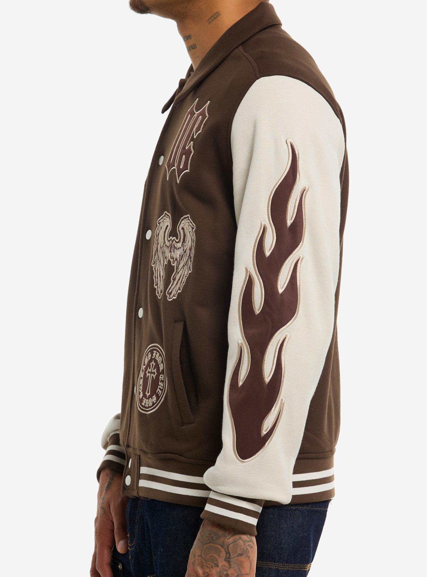 Brown & Cream Skull & Wings Patches Varsity Jacket, , alternate