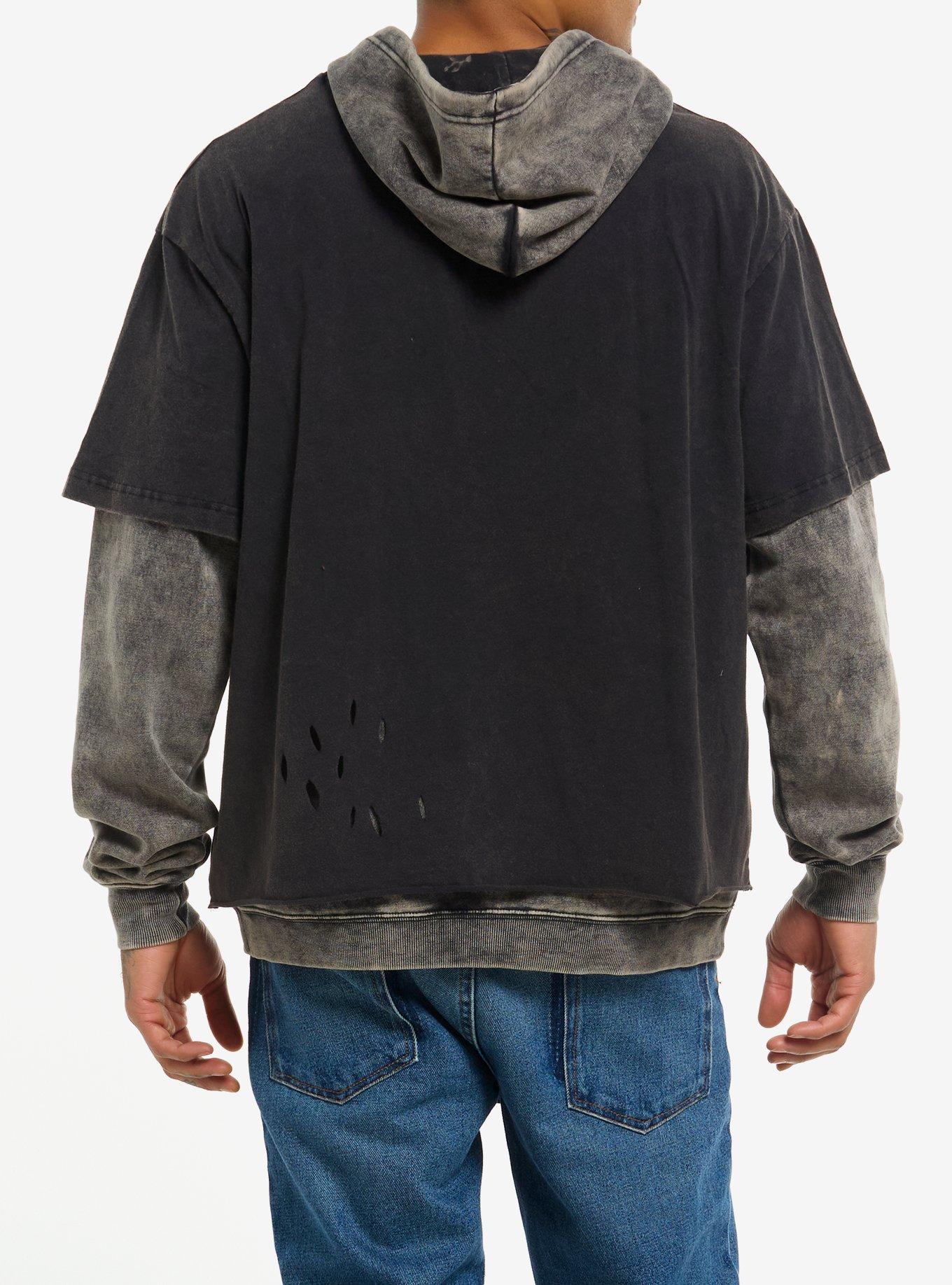 Social Decay Distressed Twofer Hoodie, GREY  BLACK, alternate
