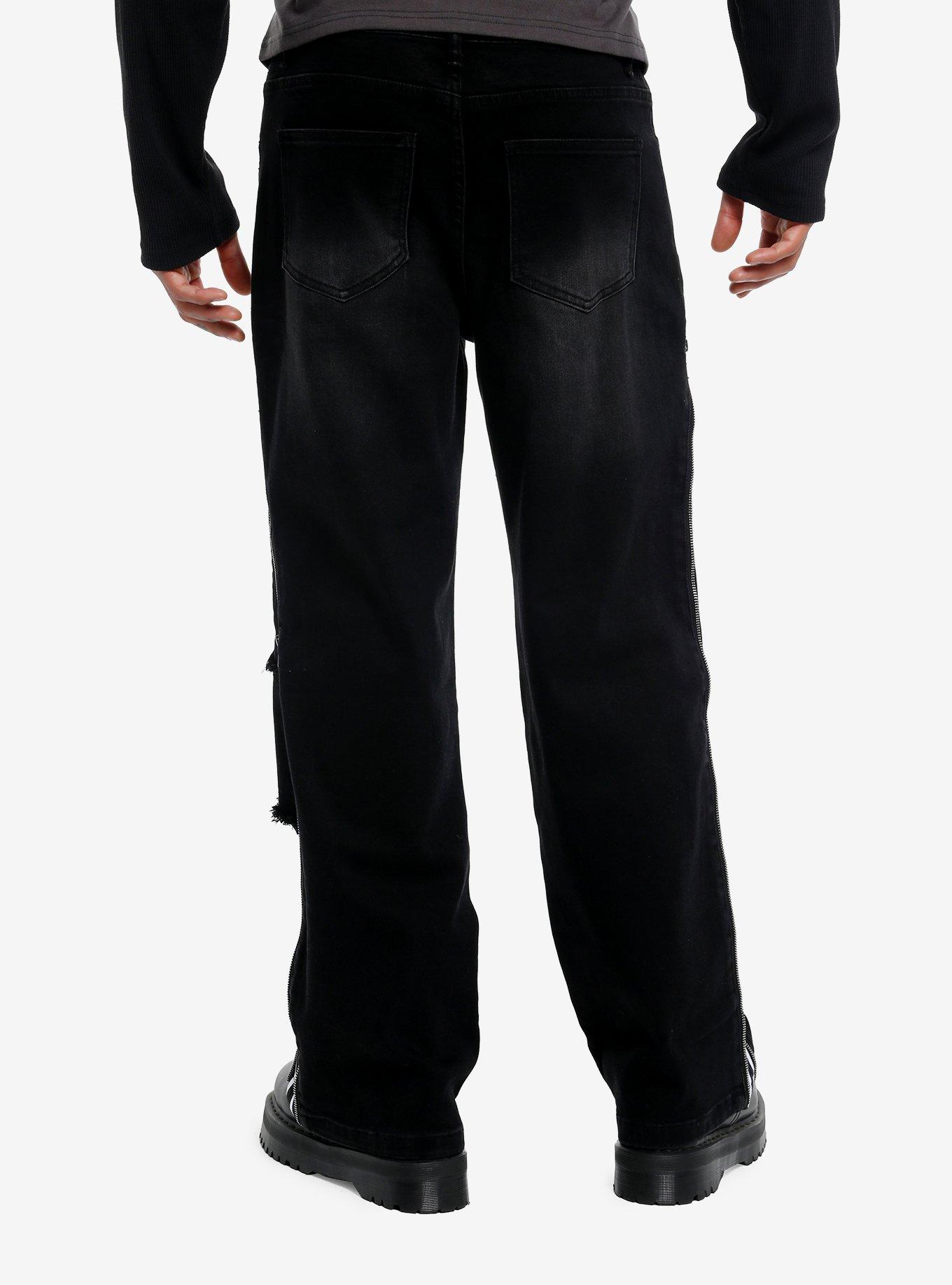 Black Frayed Varsity Stripe Zipper Straight Leg Jeans, , hi-res