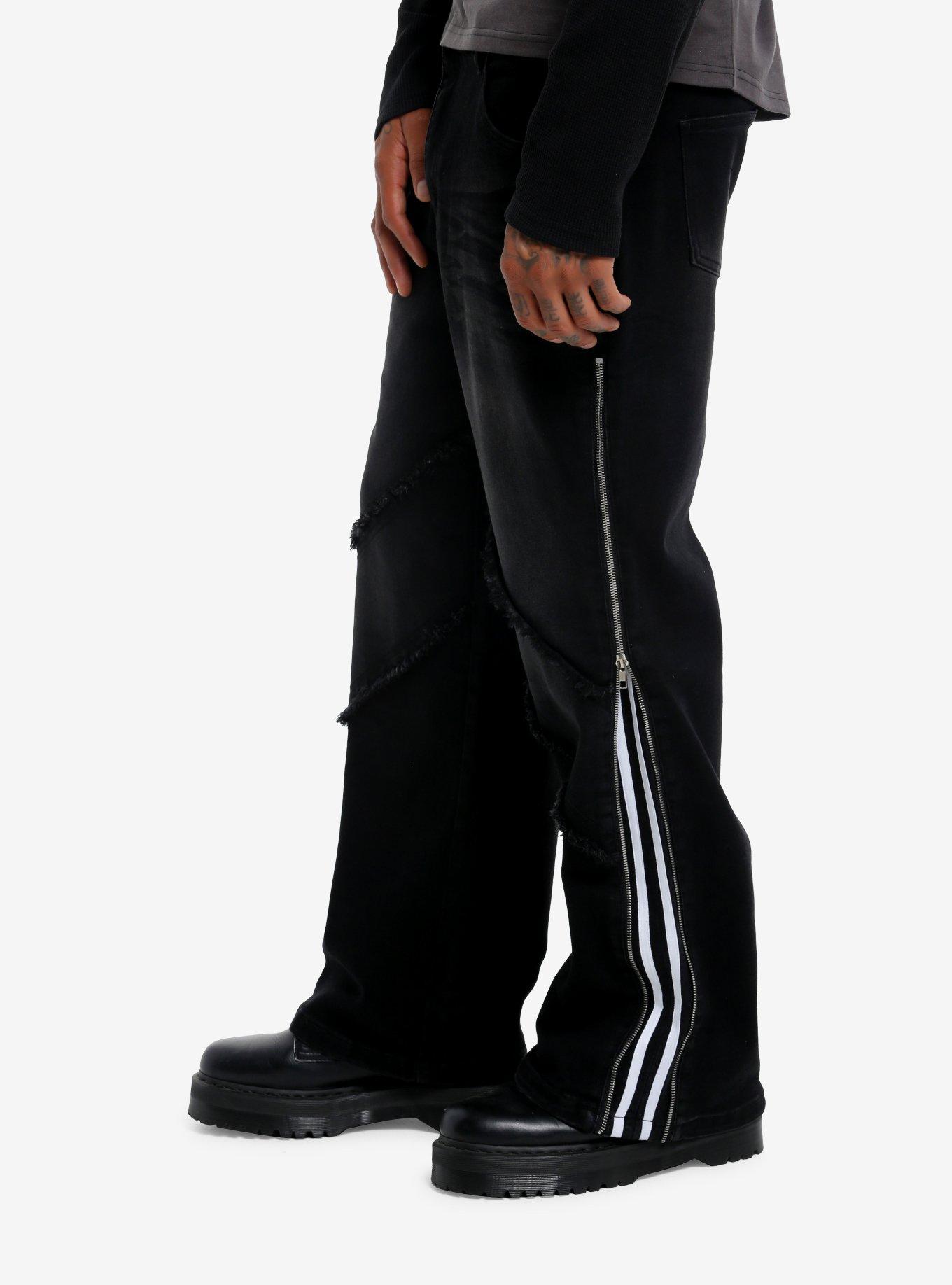 Black Frayed Varsity Stripe Zipper Straight Leg Jeans, BLACK, alternate