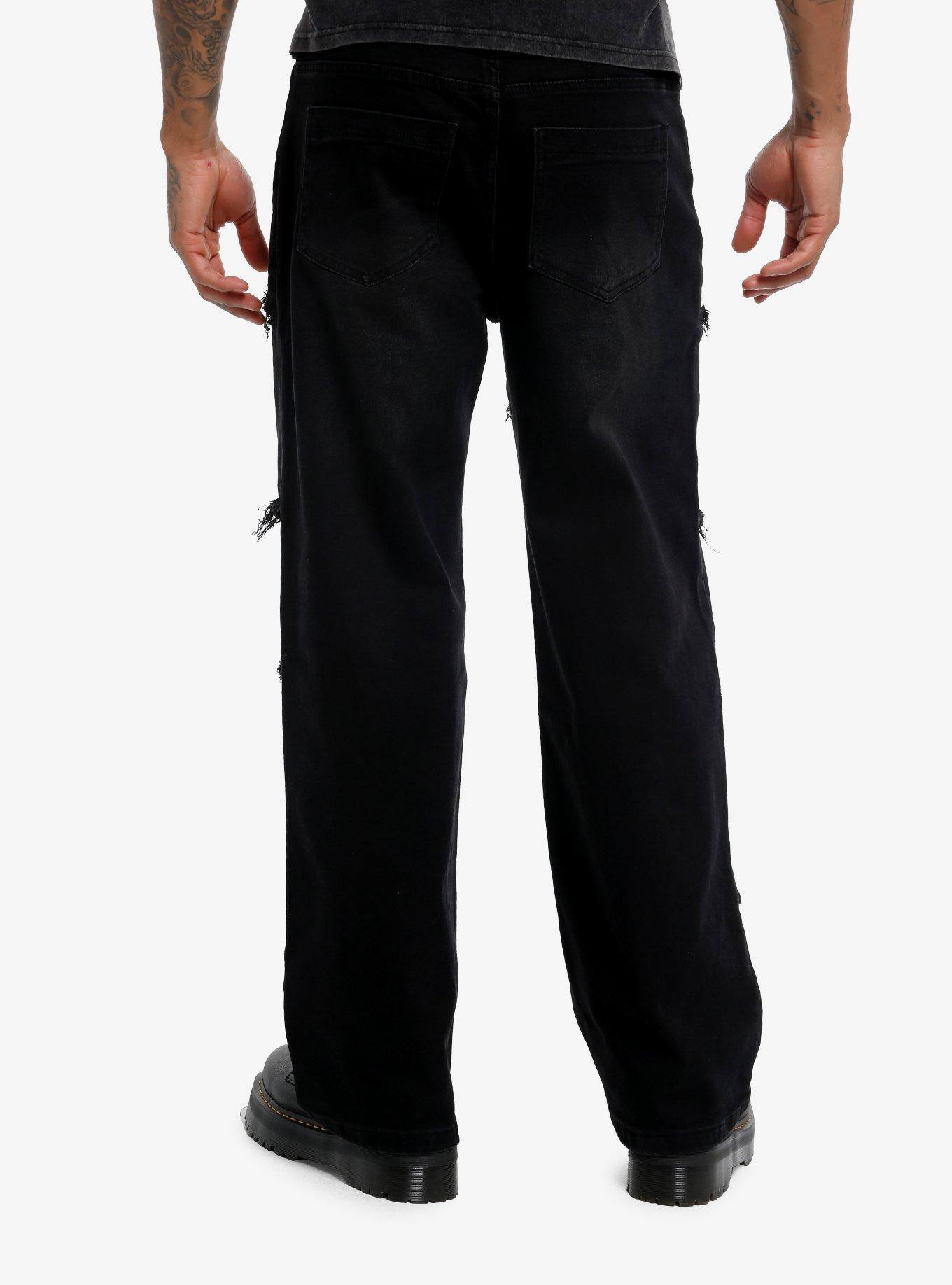 Black Frayed Zipper Straight Leg Jeans, , hi-res