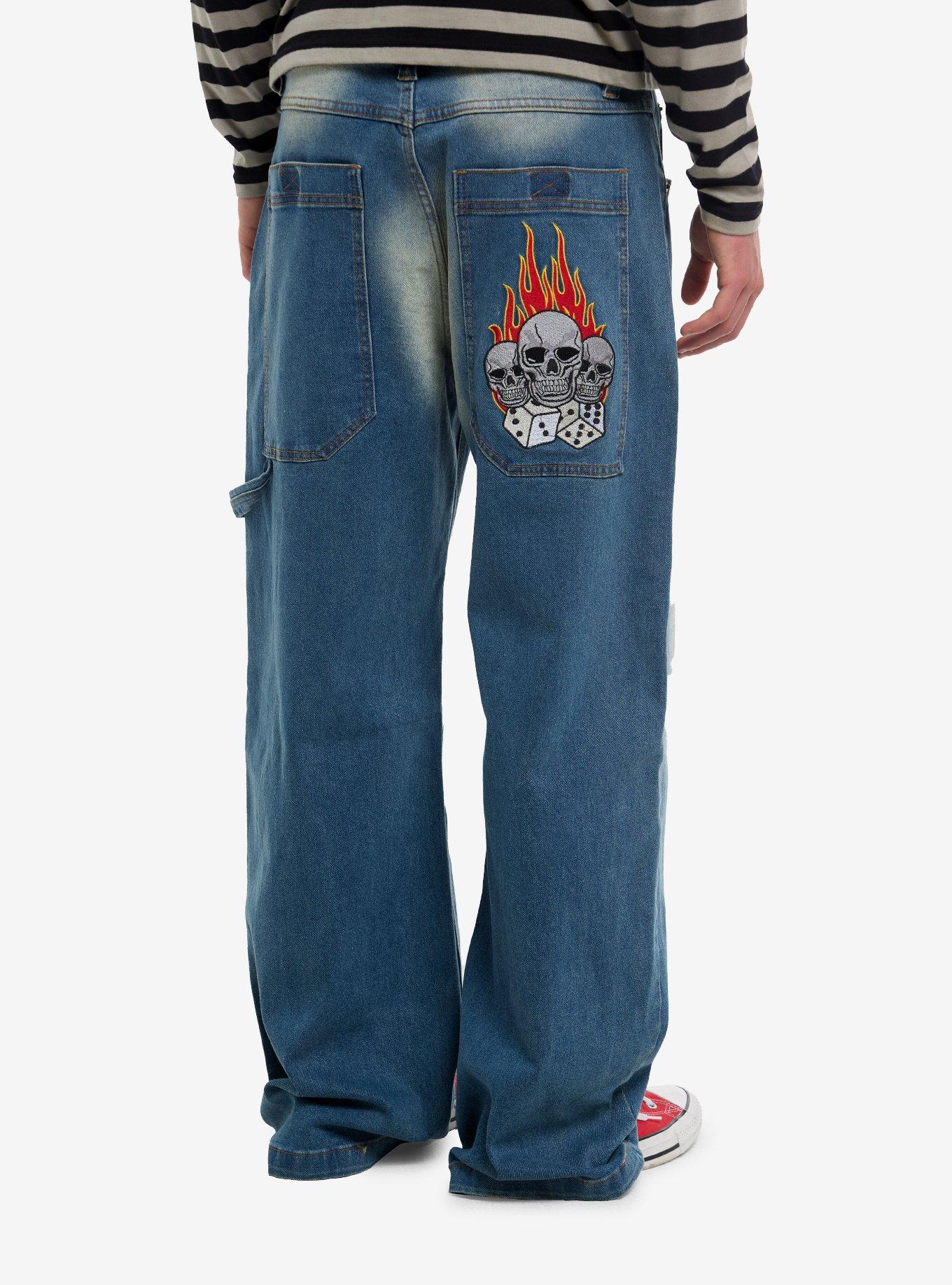 Embroidered Skull Washed Indigo Jeans, , hi-res
