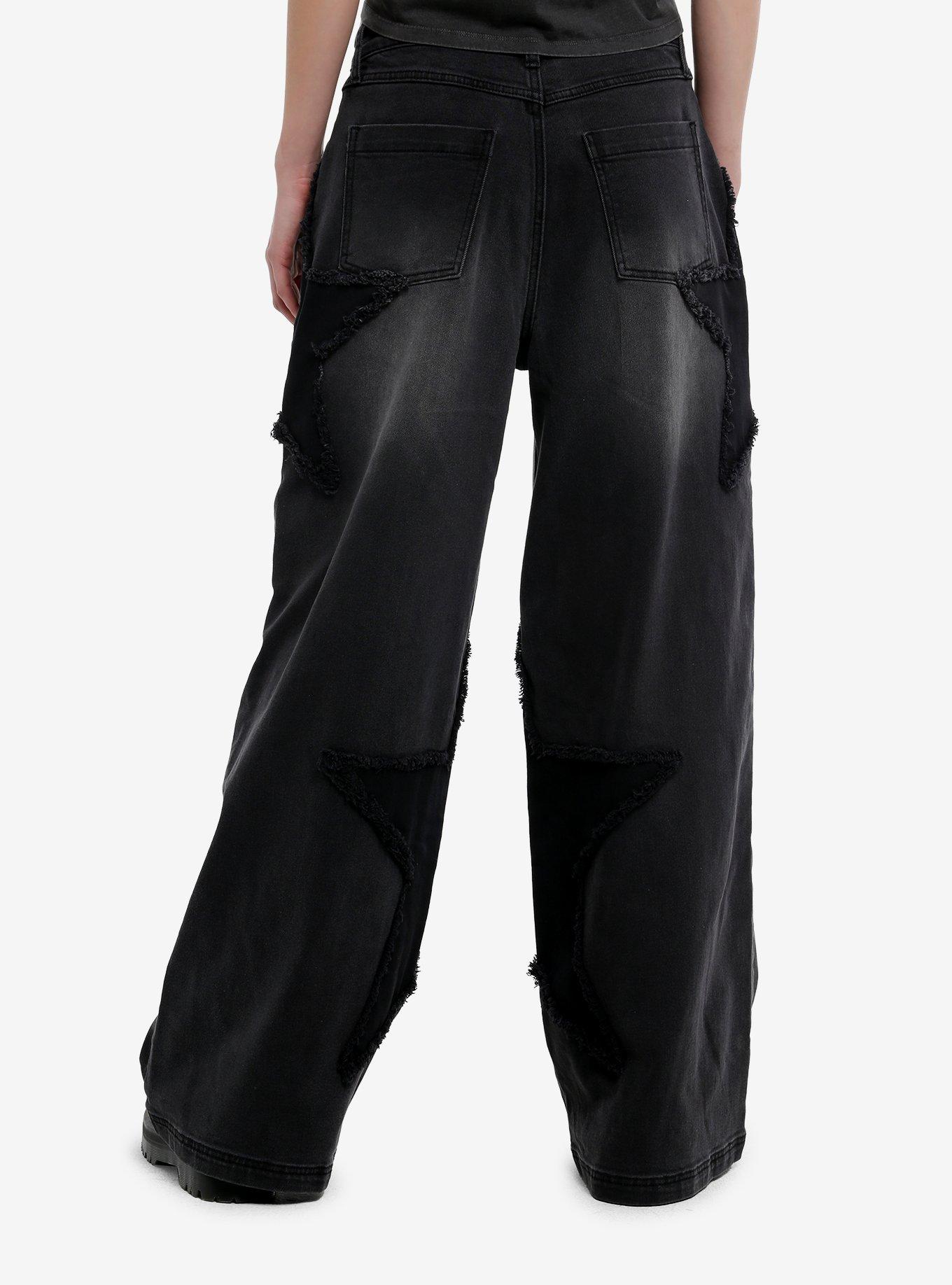 Social Collision Black Star Patch Wide Leg Jeans, , hi-res