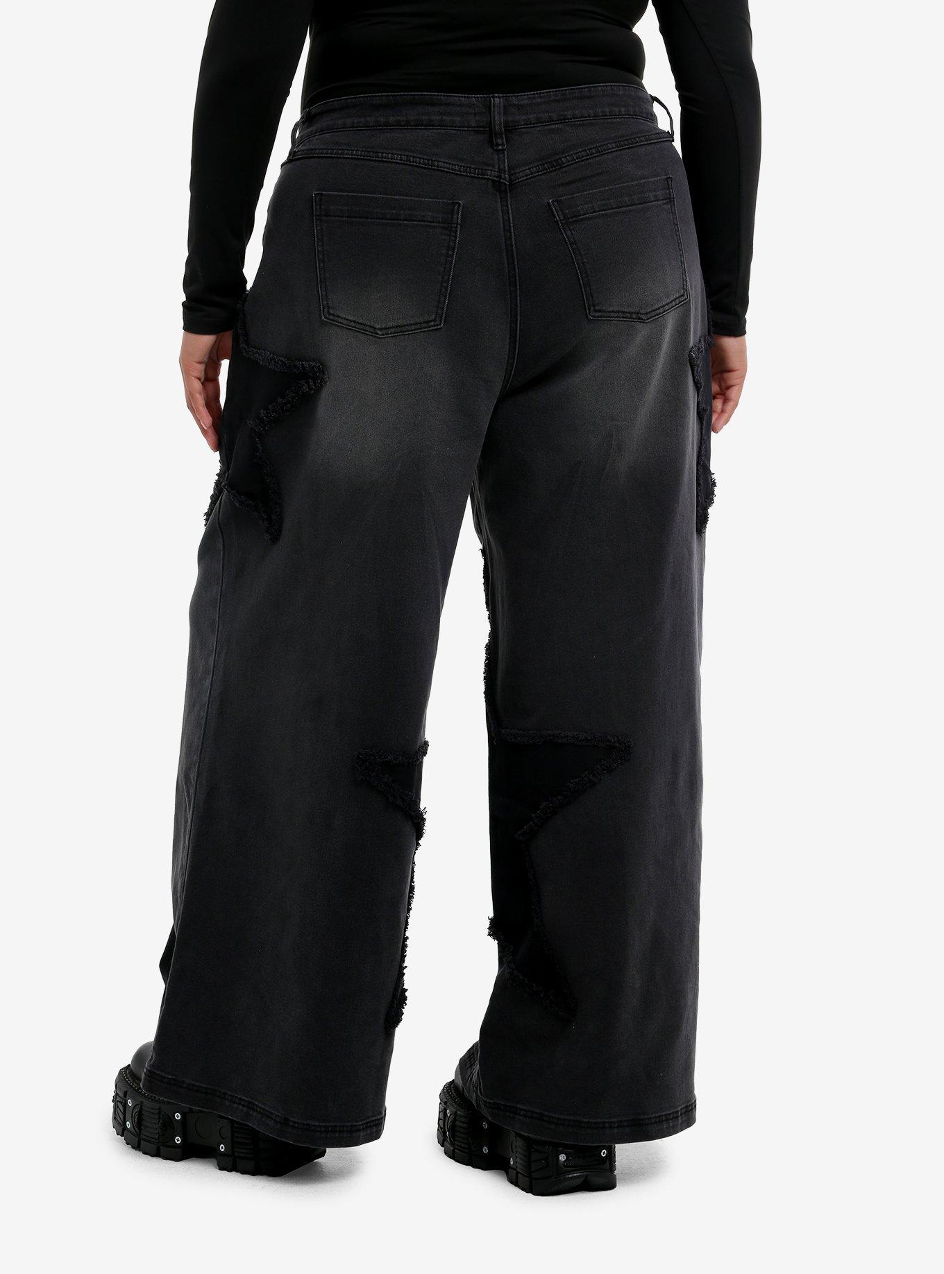 Social Collision Black Star Patch Wide Leg Jeans Plus Size, , hi-res