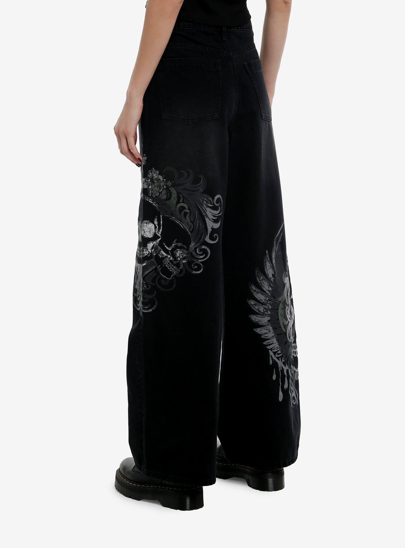 Black Skull Wings High-Rise Wide Leg Jeans, , hi-res