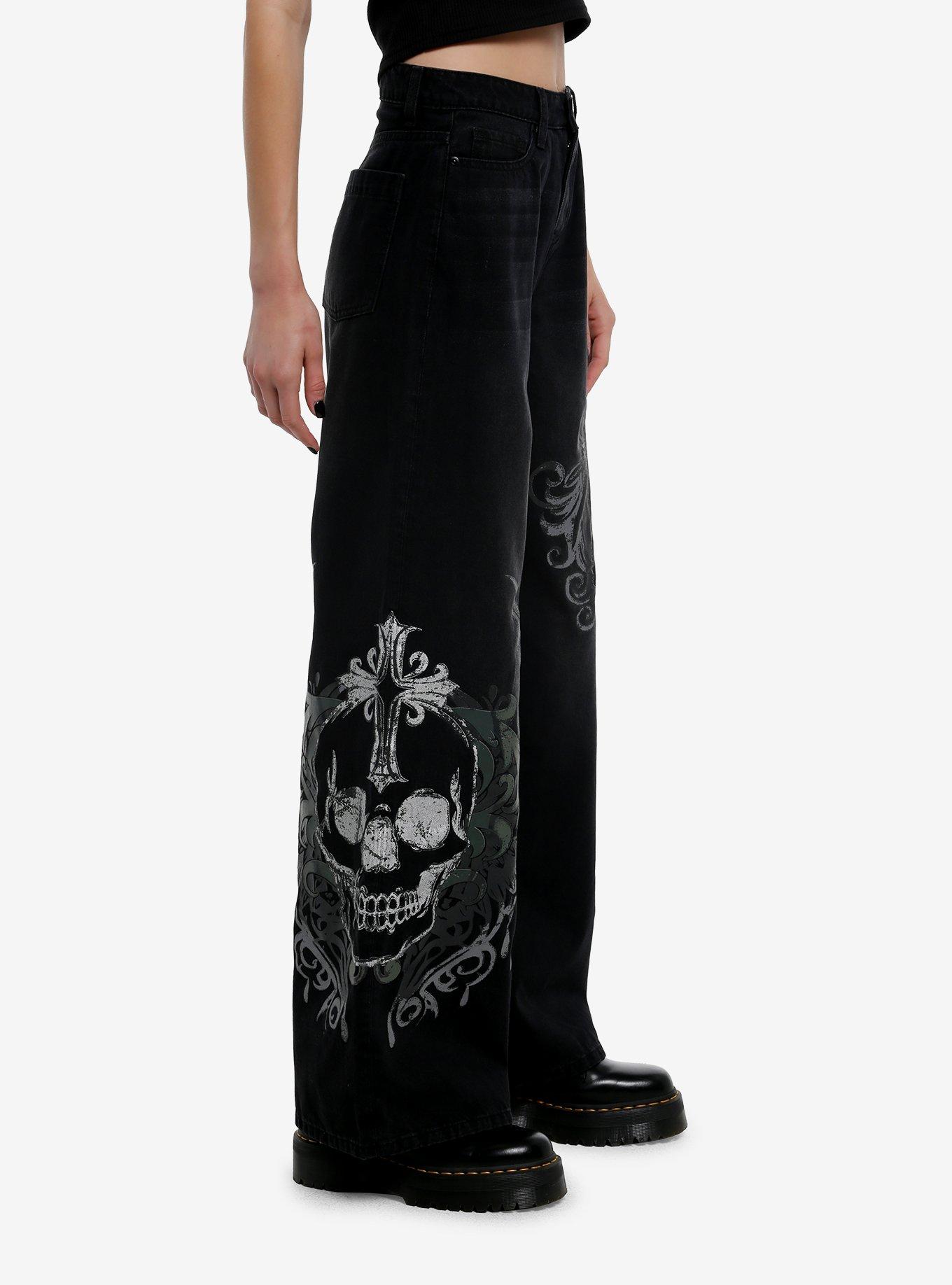 Black Skull Wings High-Rise Wide Leg Jeans, DARK WASH, alternate