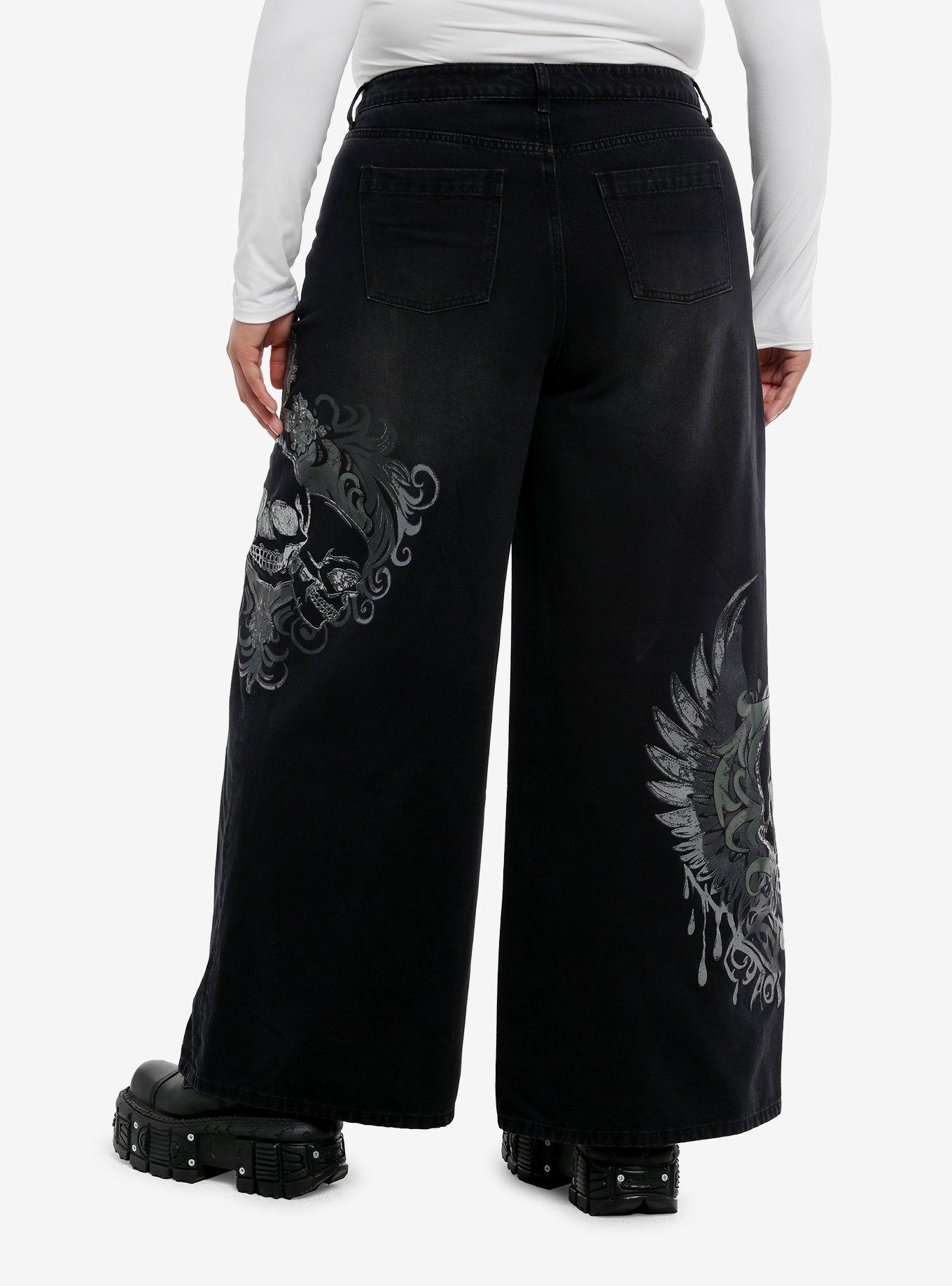 Black Skull Wings High-Rise Wide Leg Jeans Plus Size, , hi-res