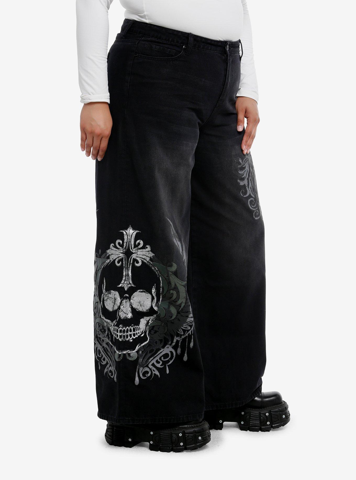 Black Skull Wings High-Rise Wide Leg Jeans Plus Size, DARK WASH, alternate