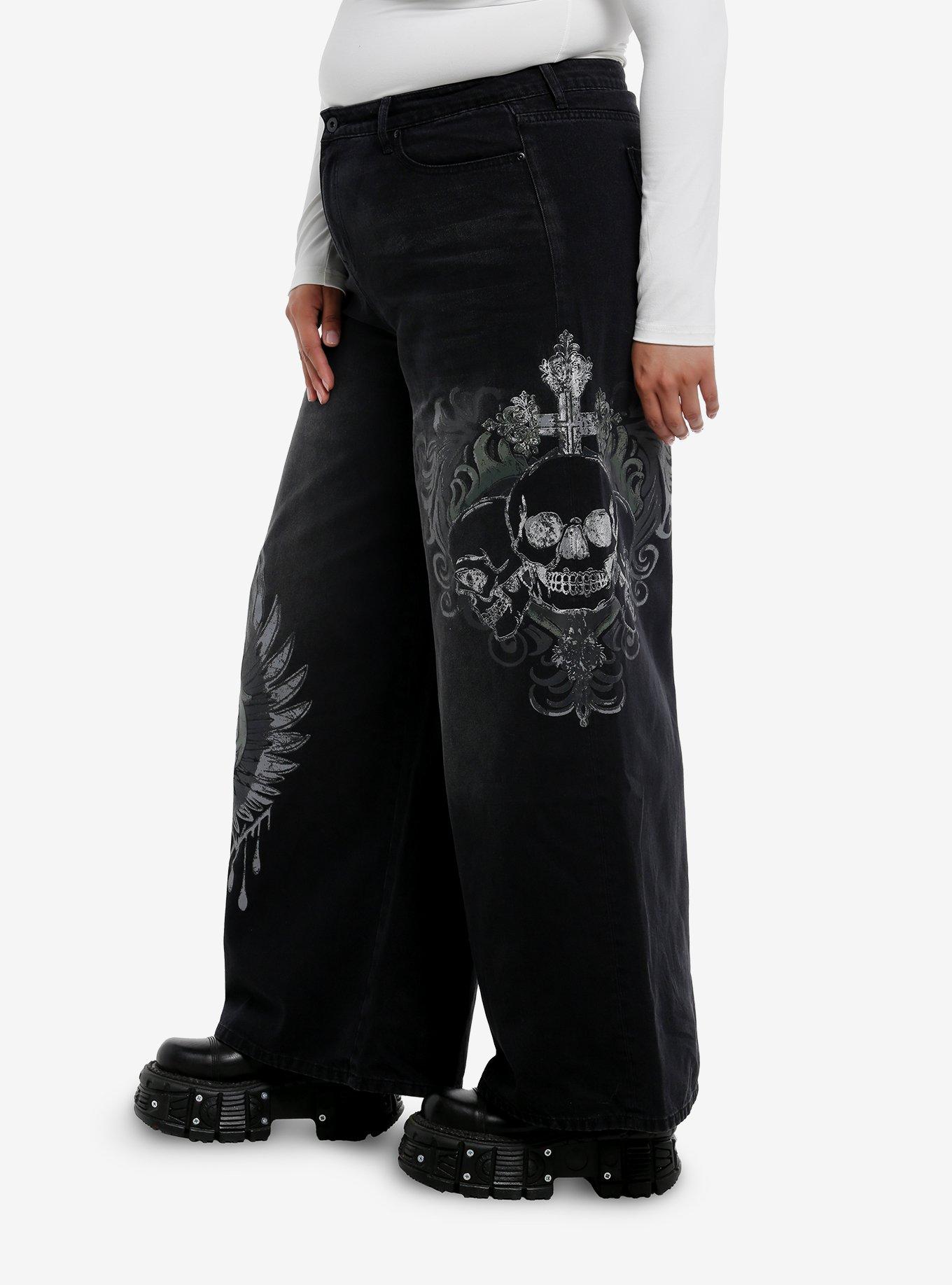 Black Skull Wings High-Rise Wide Leg Jeans Plus Size, DARK WASH, alternate