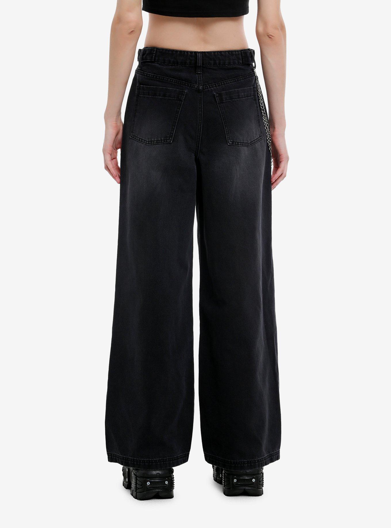 Social Collision Plaid Pocket Black Denim Pants With Side Chain, , hi-res