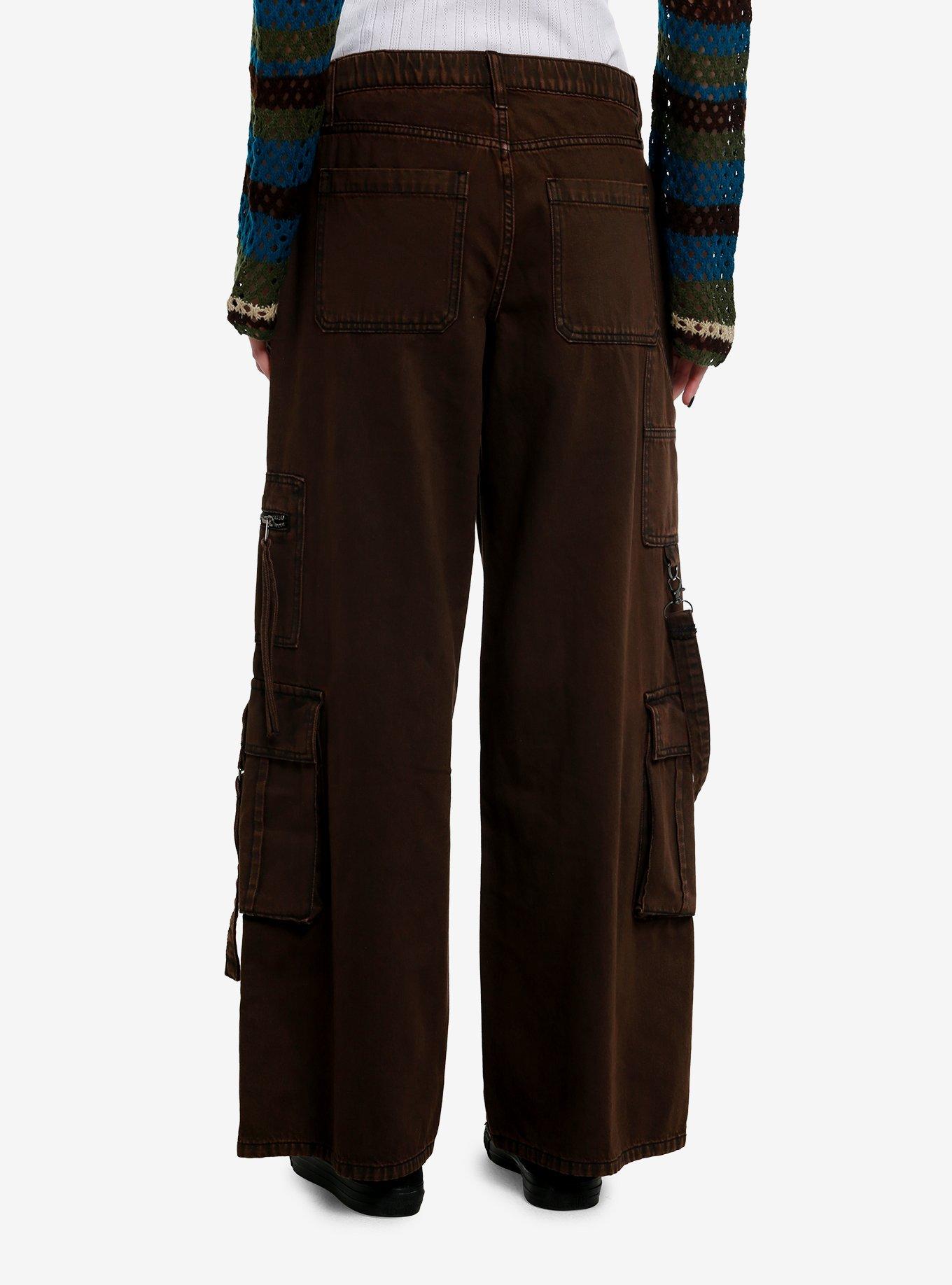 Brown Washed Wide Leg Cargo Pants, , hi-res
