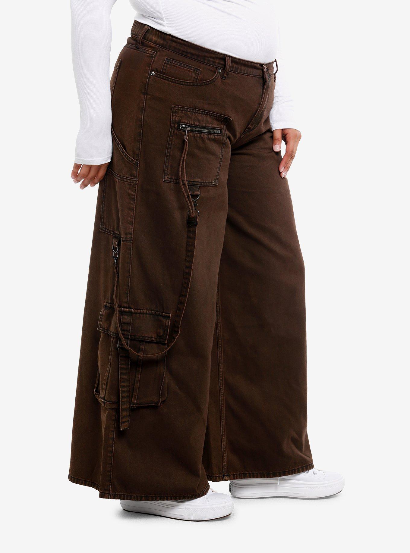 Brown Washed Wide Leg Cargo Pants Plus Size, BROWN, alternate