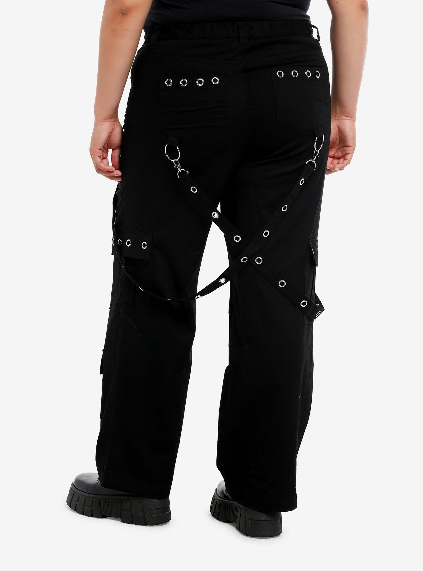 Black Grommet Suspender Wide Leg Pants Plus Size, BLACK, alternate