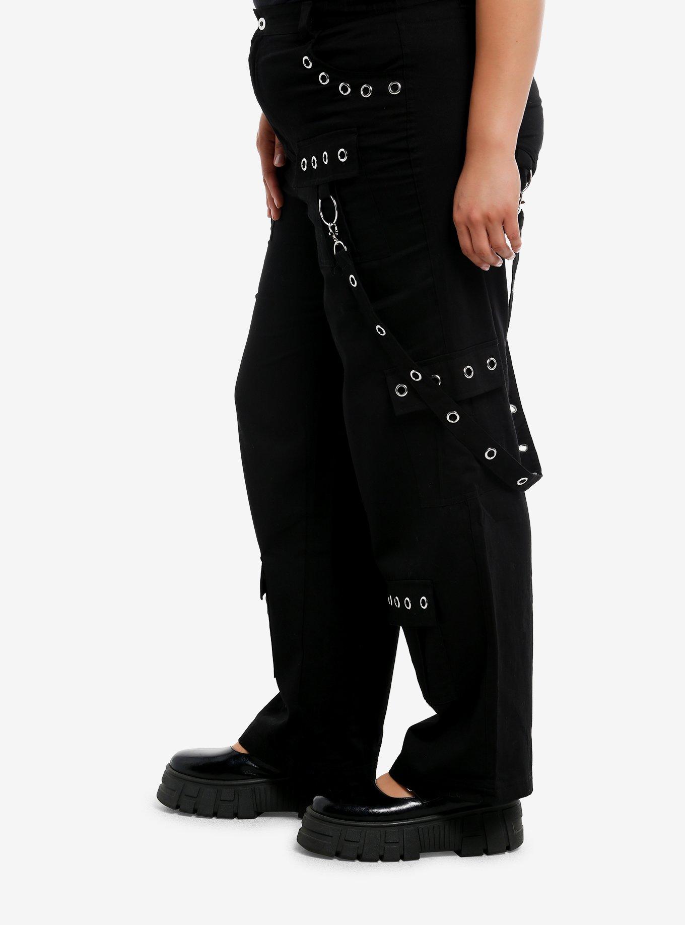 Black Grommet Suspender Wide Leg Pants Plus Size, BLACK, alternate