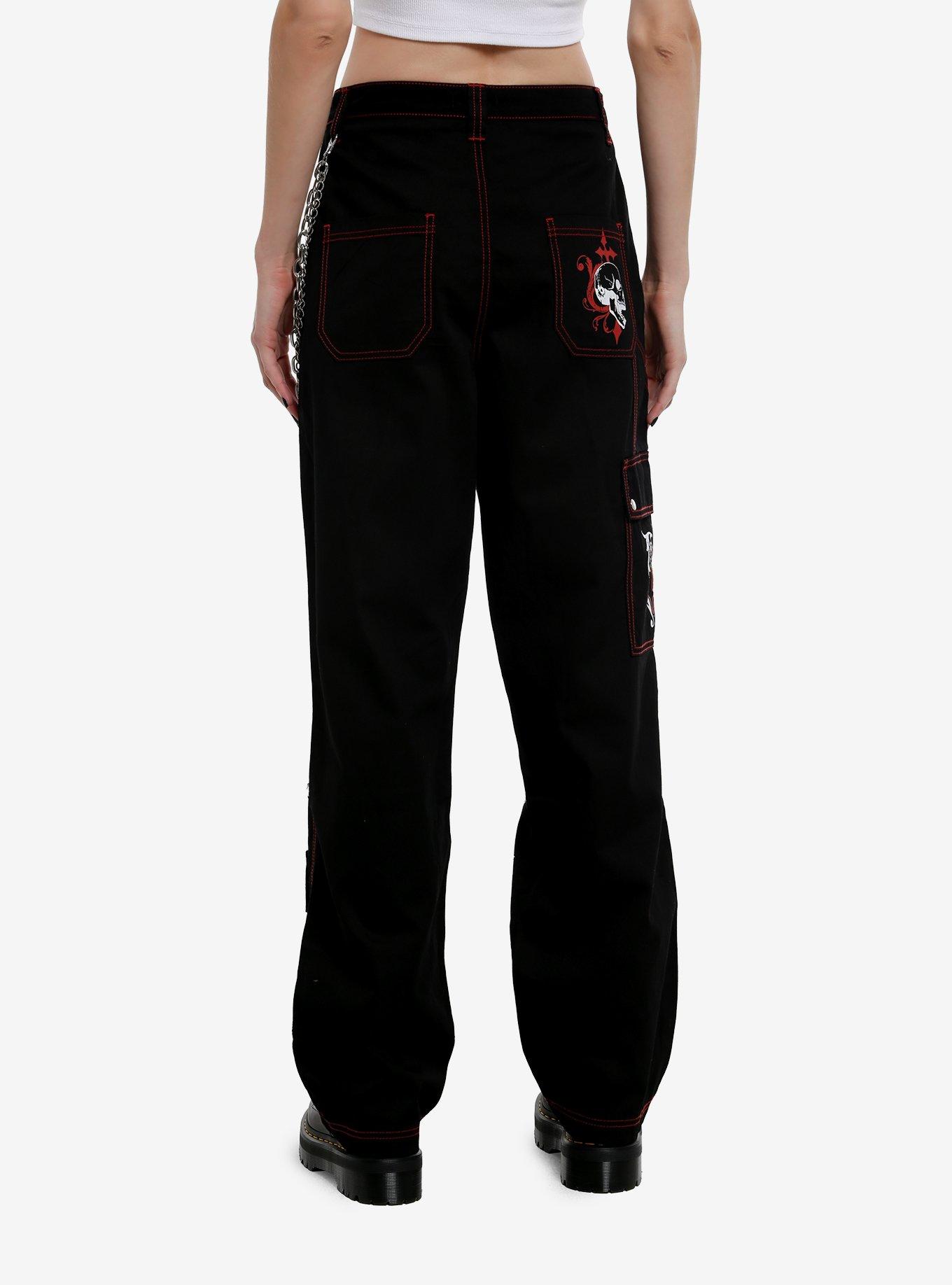 Social Collision Black & Red Contrast Stitch Skull & Chain Wide Leg Cargo Pants, , hi-res