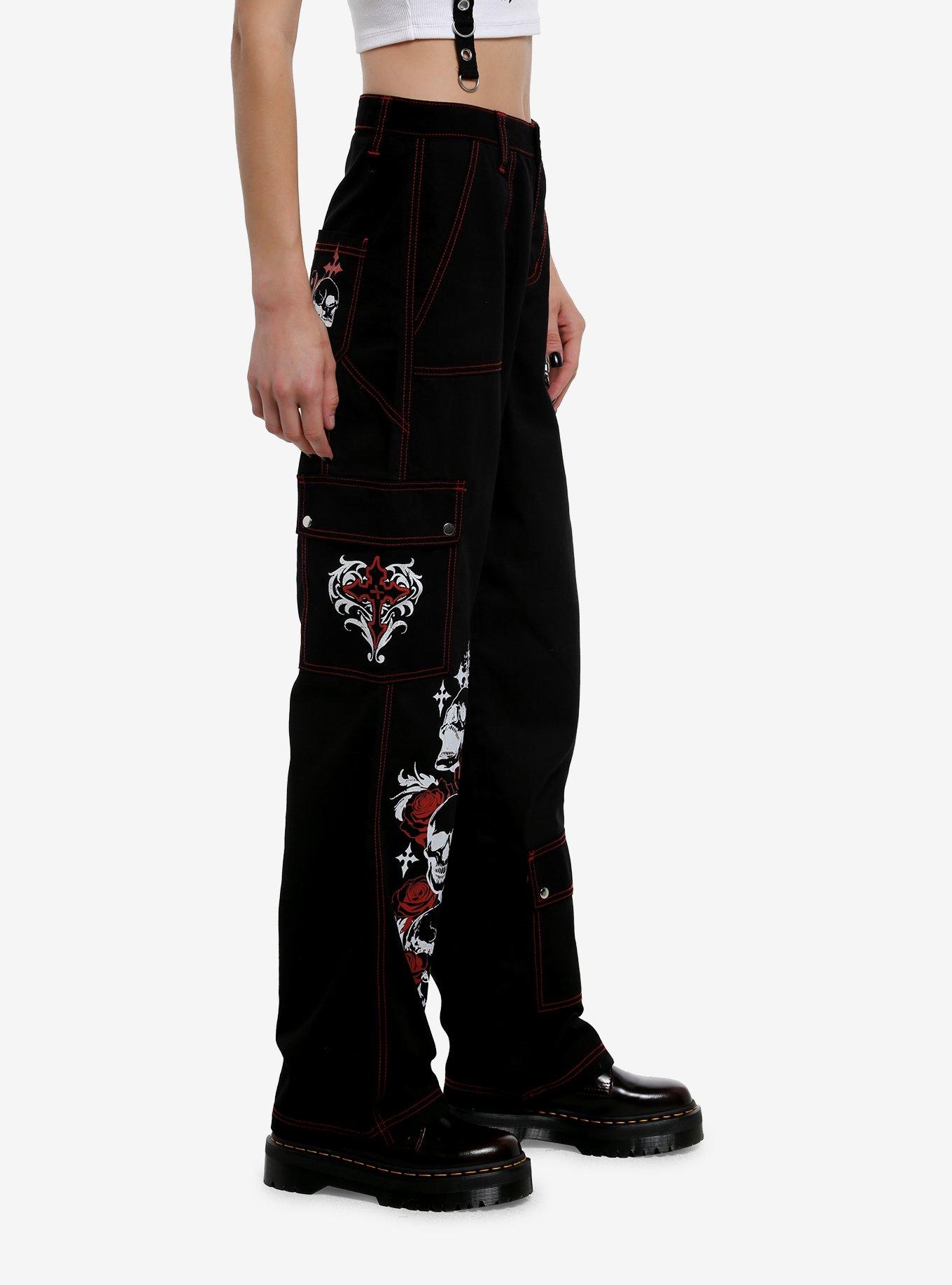 Social Collision Black & Red Contrast Stitch Skull & Chain Wide Leg Cargo Pants, RED, alternate