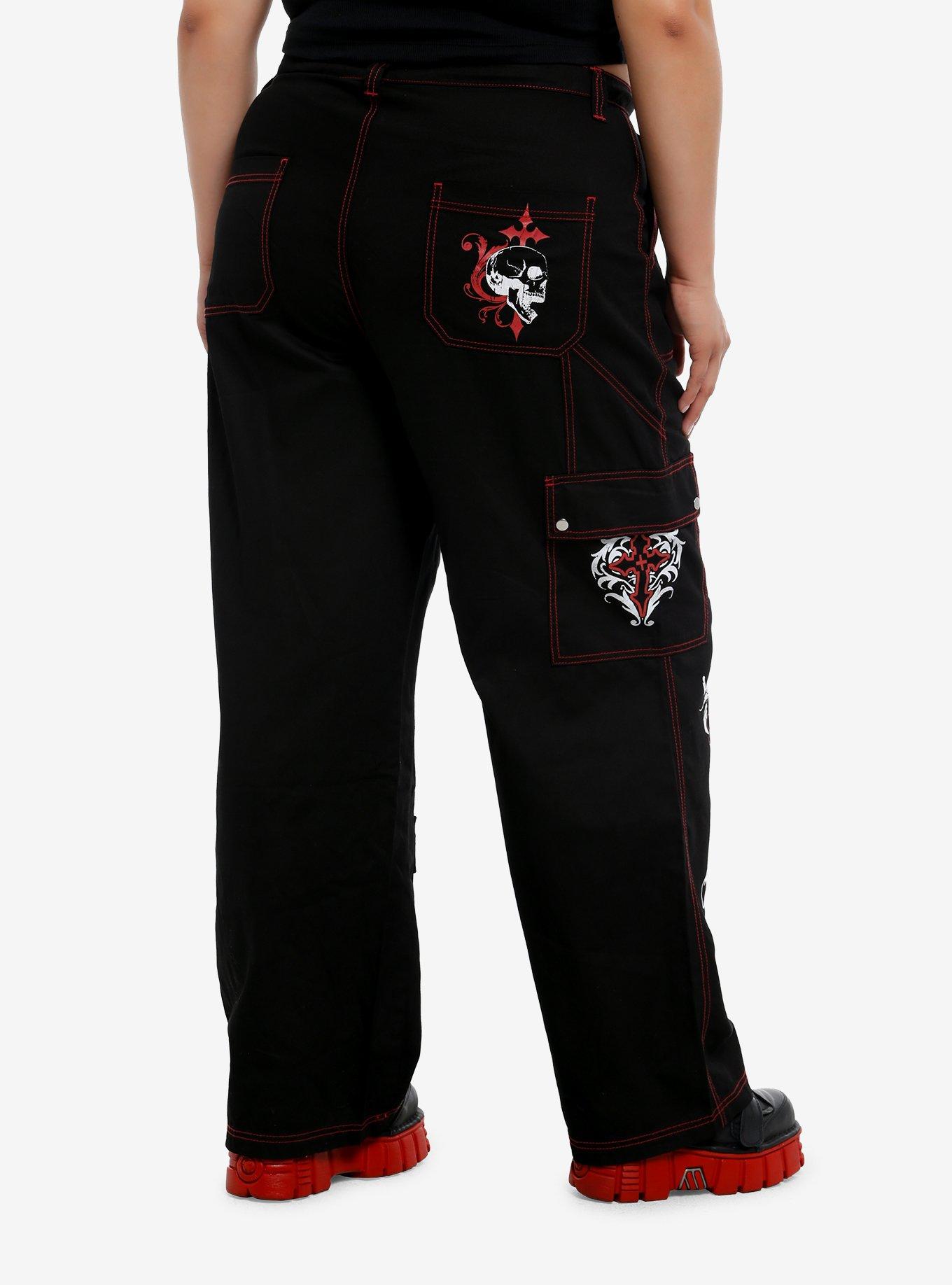 Social Collision Black & Red Contrast Stitch Skull & Chain Wide Leg Cargo Pants Plus Size, , hi-res
