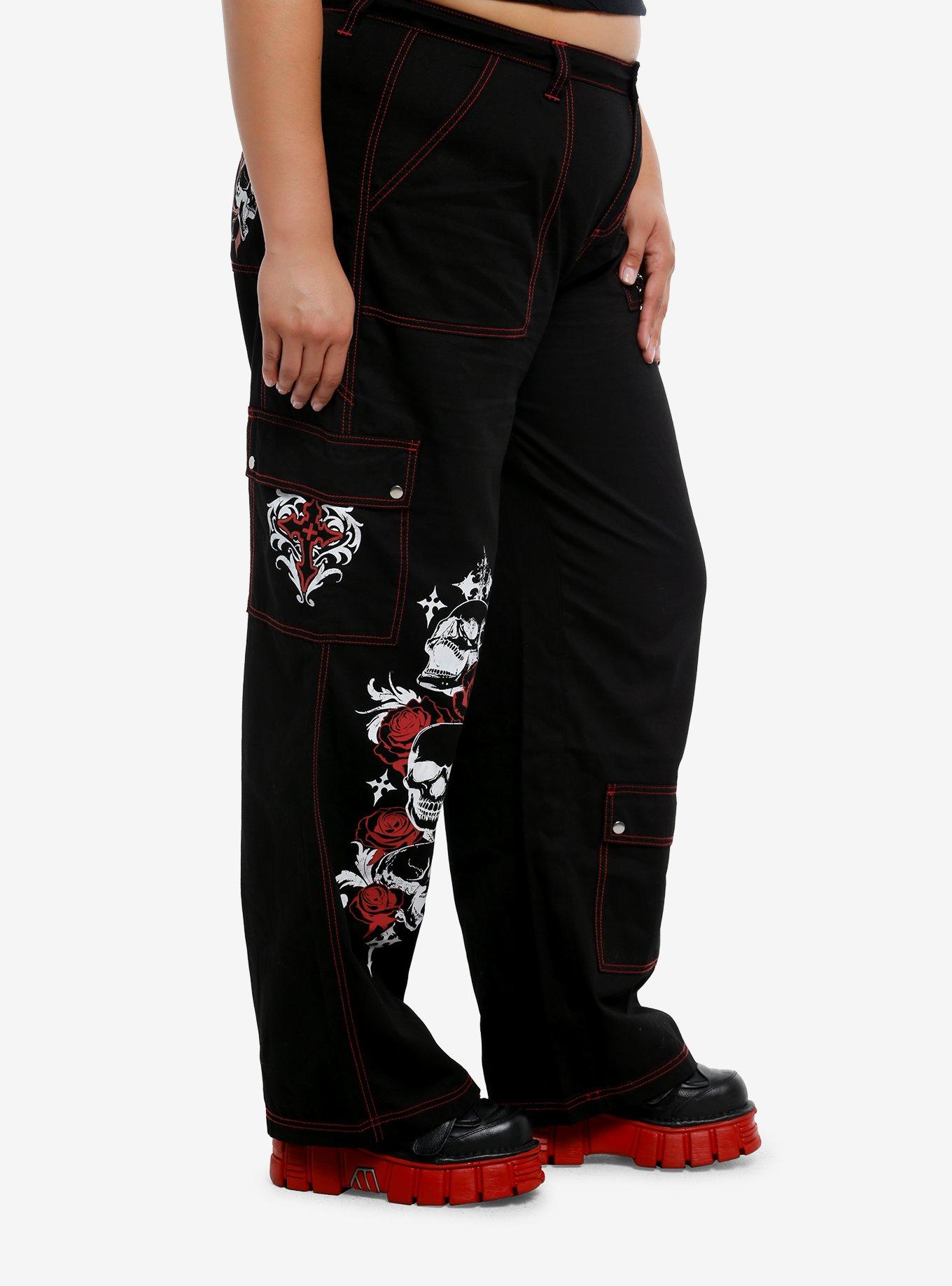 Social Collision Black & Red Contrast Stitch Skull & Chain Wide Leg Cargo Pants Plus Size, RED, alternate