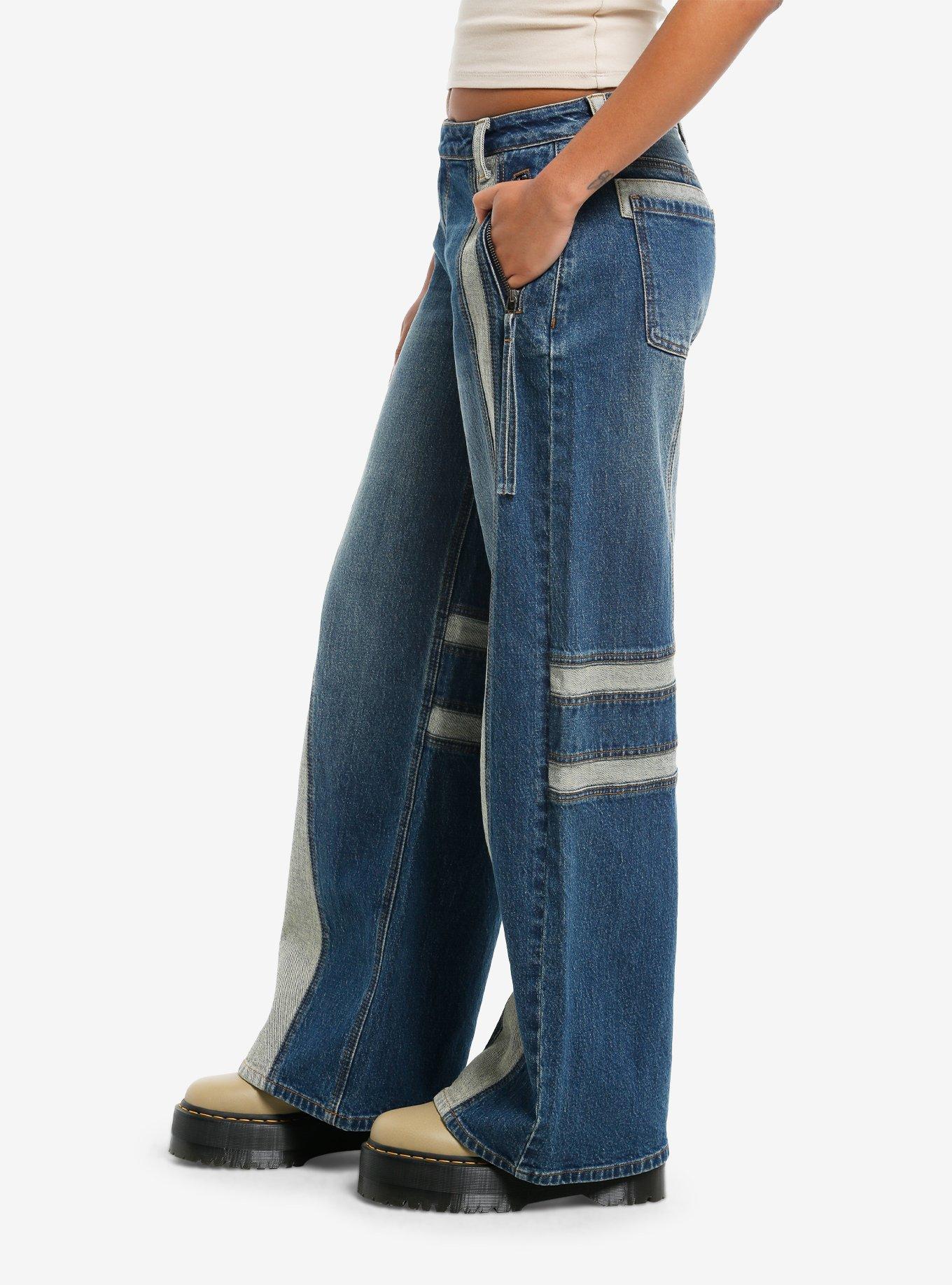 Social Collision Contrast Panels Wide Leg Jeans, , alternate