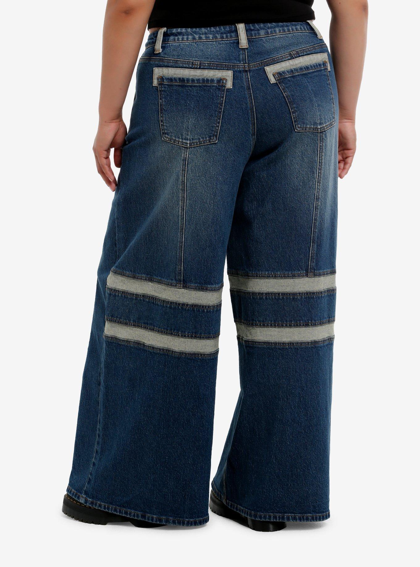 Social Collision Contrast Panels Wide Leg Jeans Plus Size, , alternate