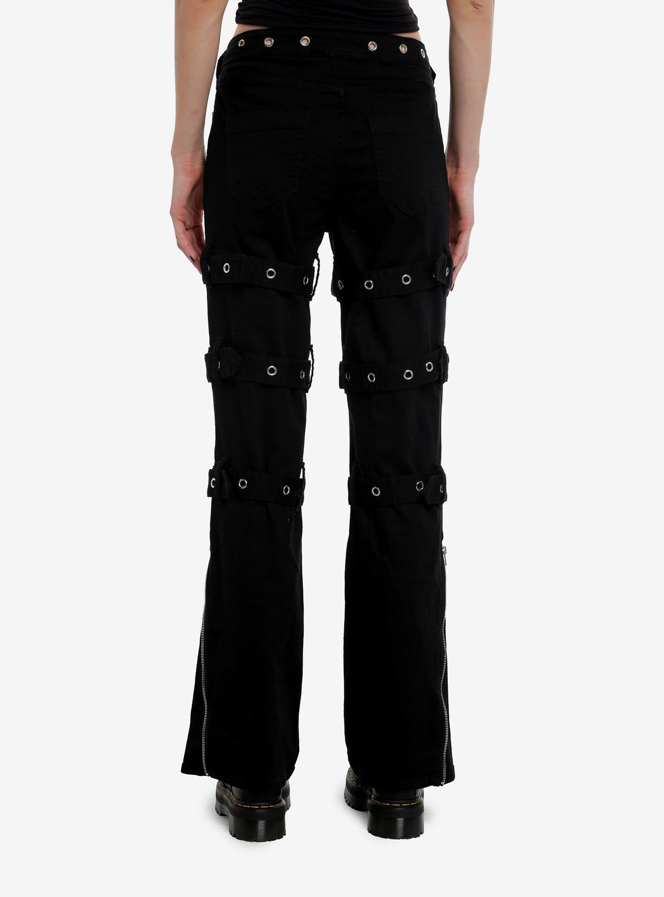Social Collison Black Grommet Buckle Strap Low-Rise Flare Pants, , hi-res