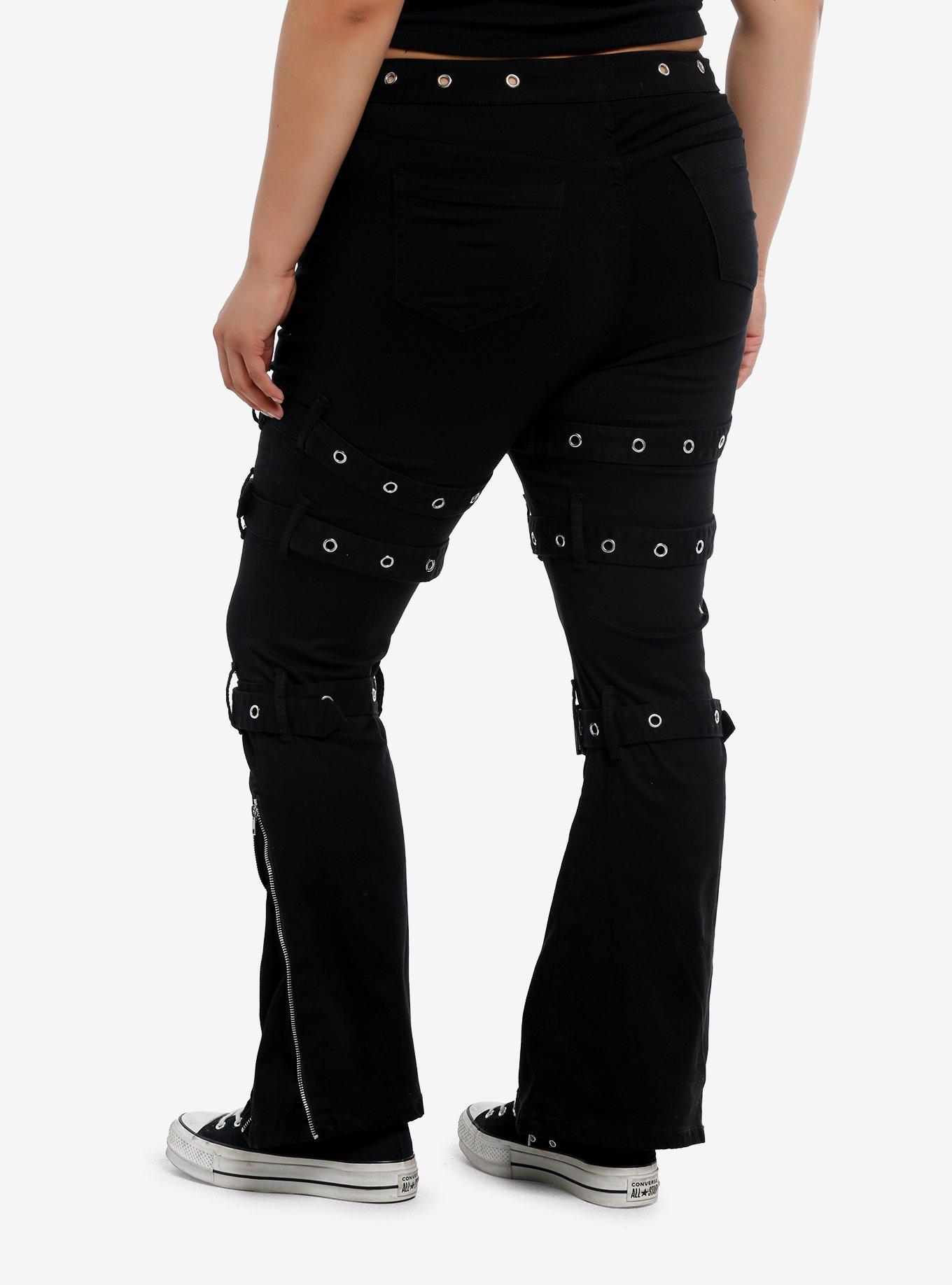 Social Collison Black Grommet Buckle Strap Low-Rise Flare Pants Plus Size, , hi-res