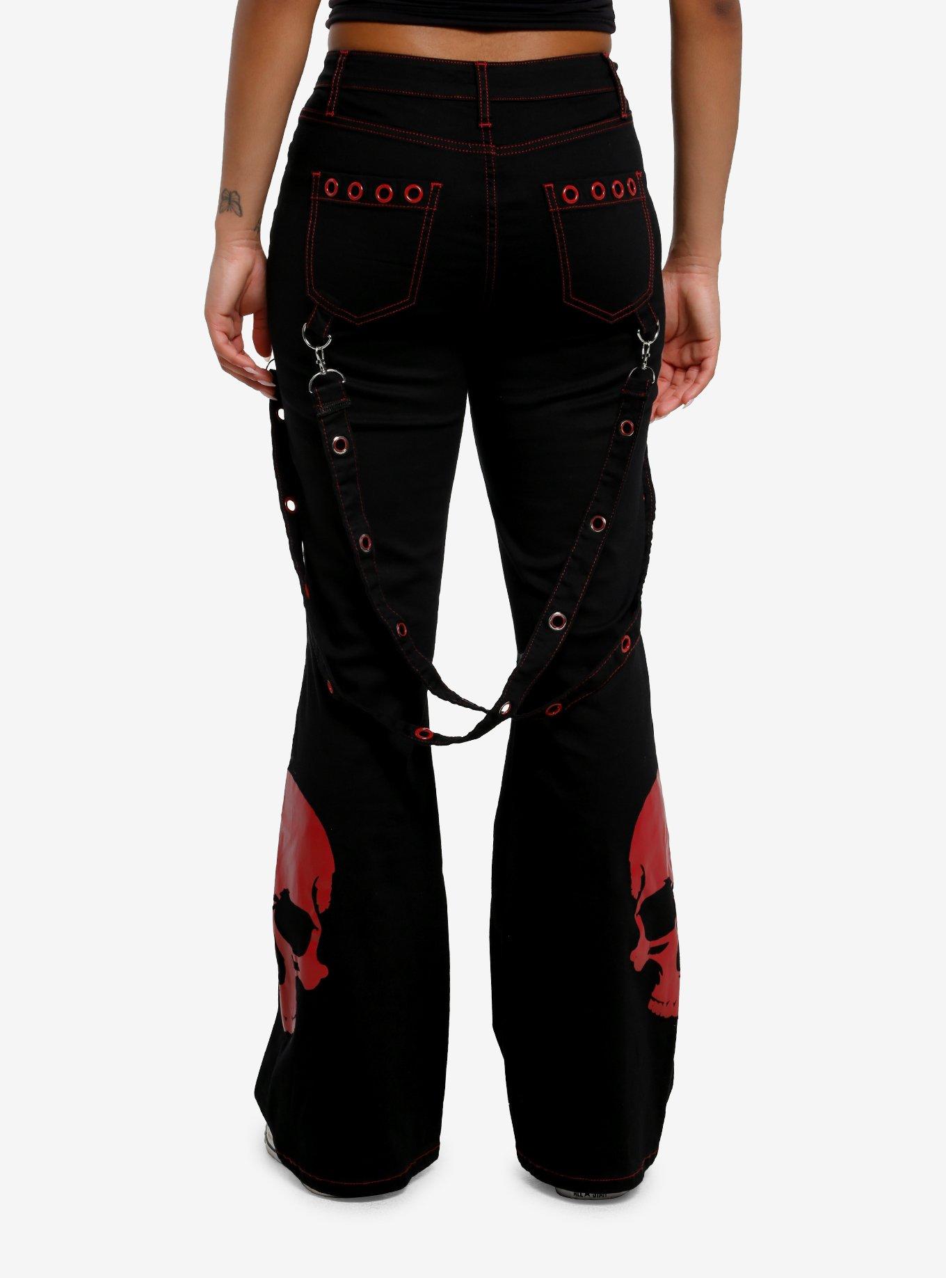 Social Collision Black & Red Contrast Stitch Skull Suspender Flare Pants, , hi-res