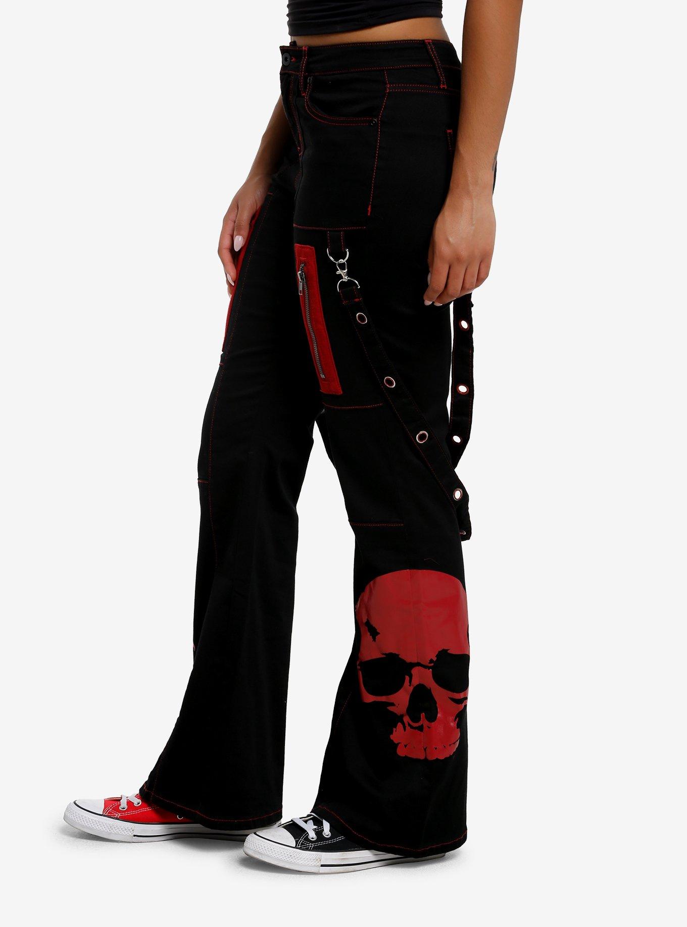 Social Collision Black & Red Contrast Stitch Skull Suspender Flare Pants, RED, alternate