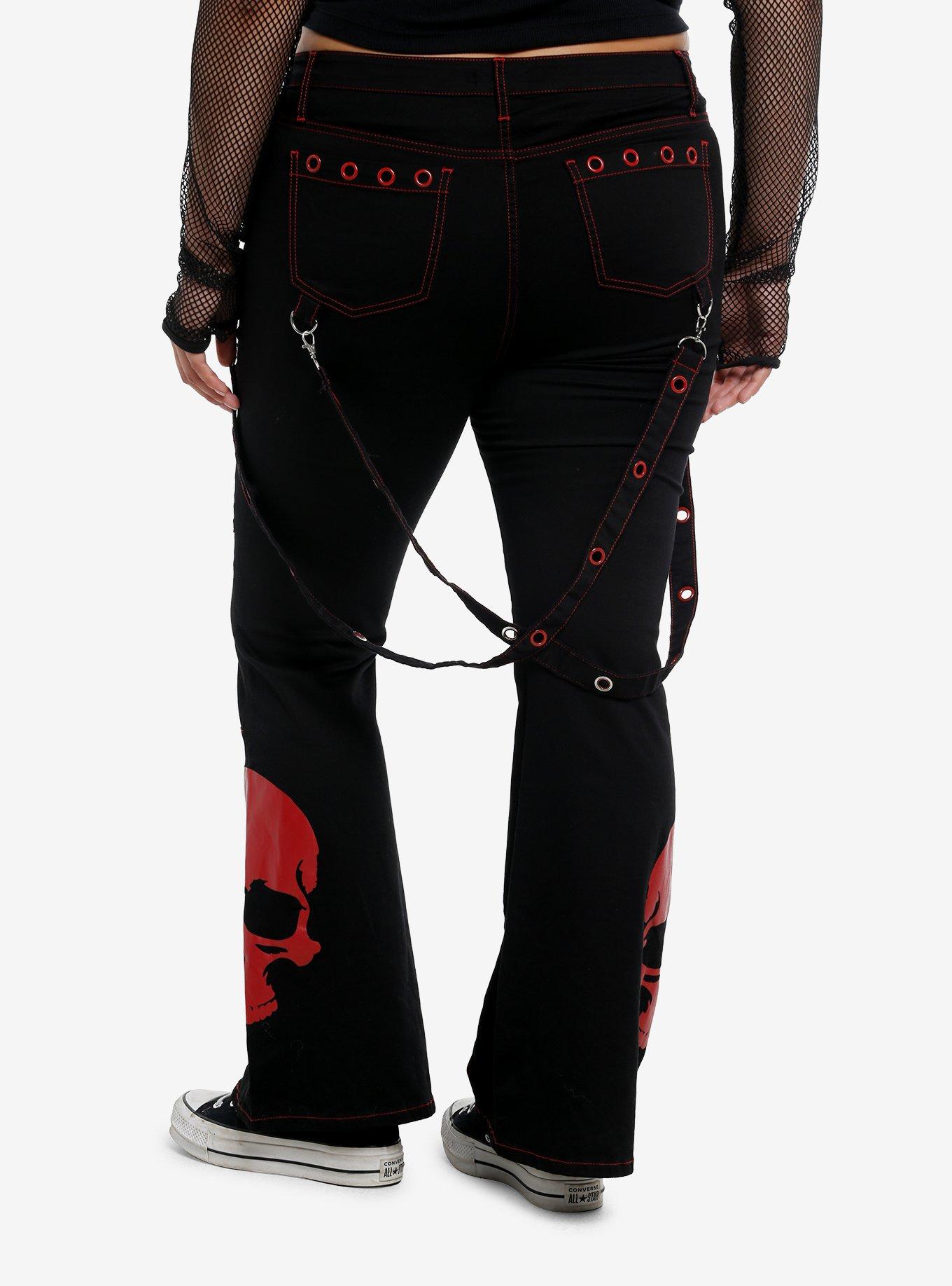 Social Collision Black & Red Contrast Stitch Skull Suspender Flare Pants Plus Size, , hi-res