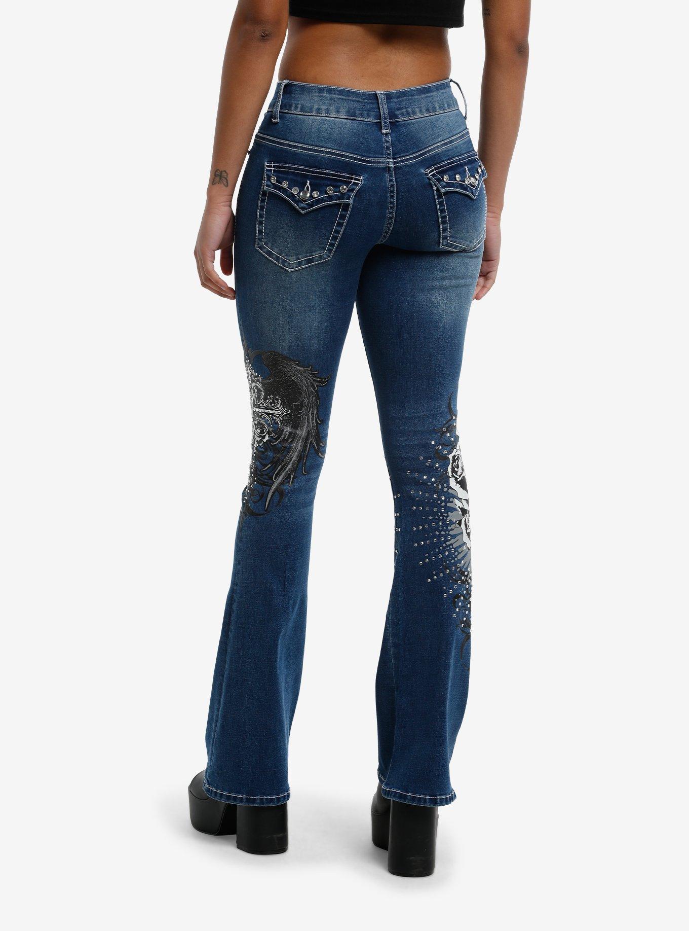 Social Collision Skull Rose Rhinestone Flare Denim Pants, , alternate